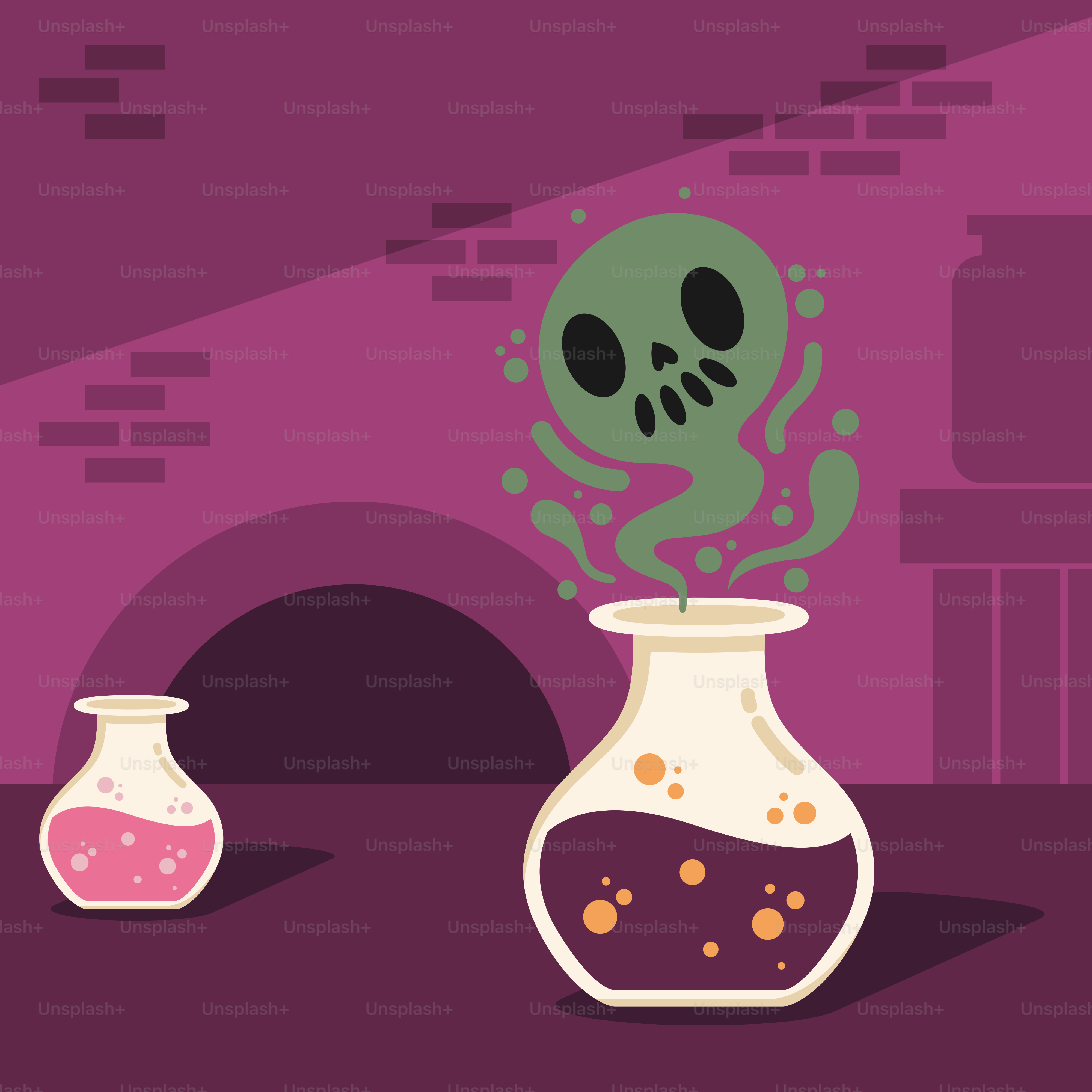 A cartoon of a skull in a flask with a liquid in it