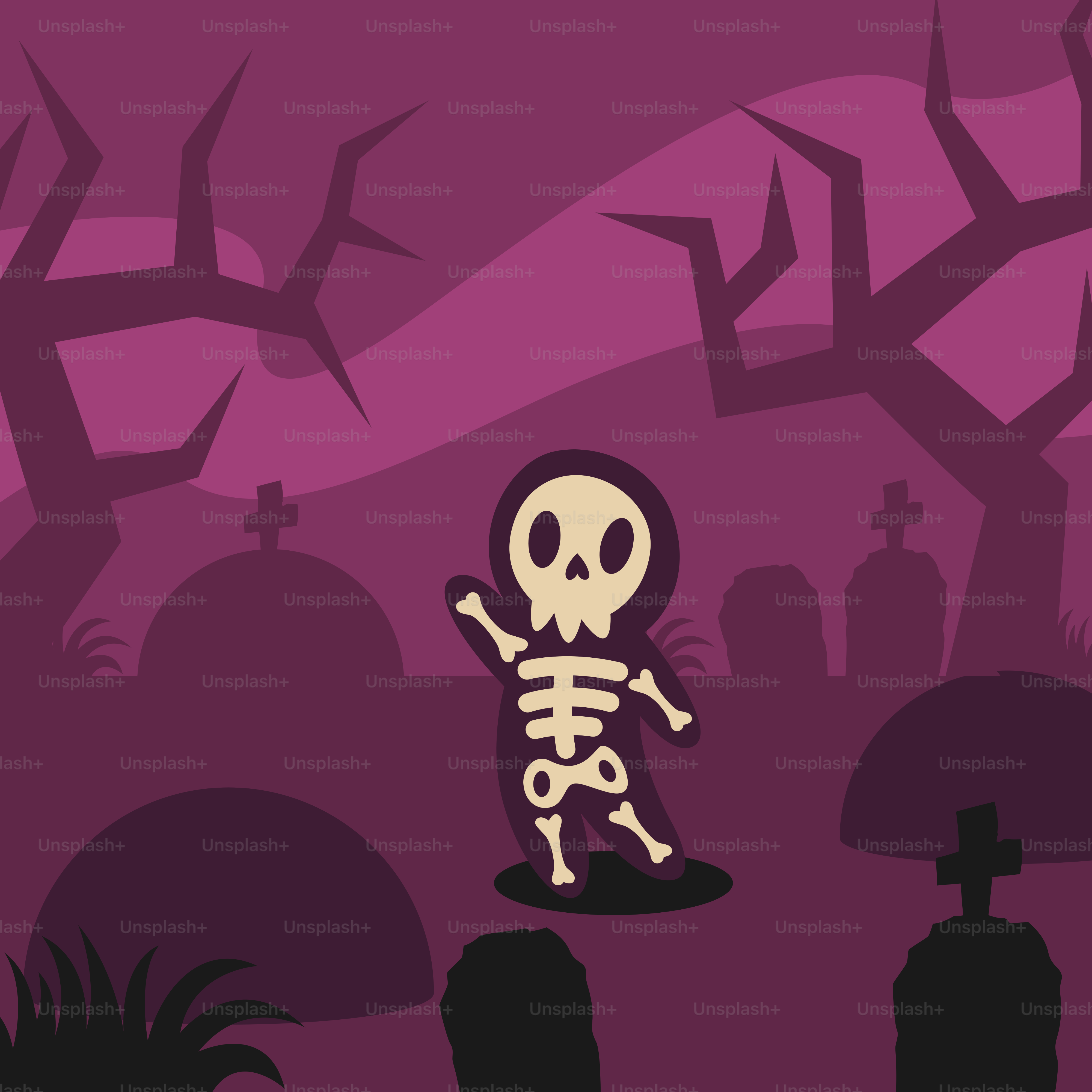 Ein Cartoon-Skelett, das durch einen Friedhof läuft