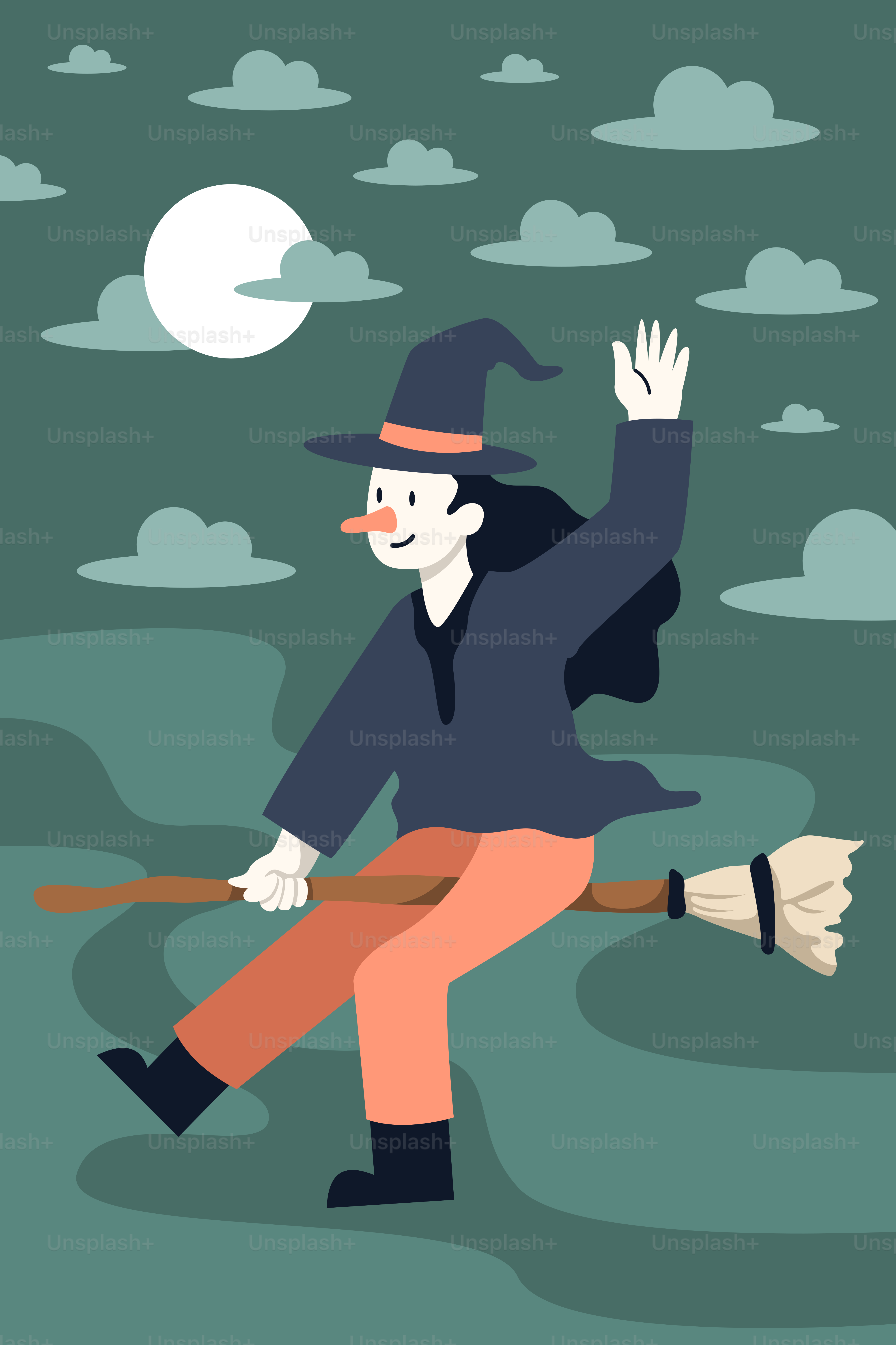 Ein Mann in einem Hexenkostüm fliegt auf einem Besen
