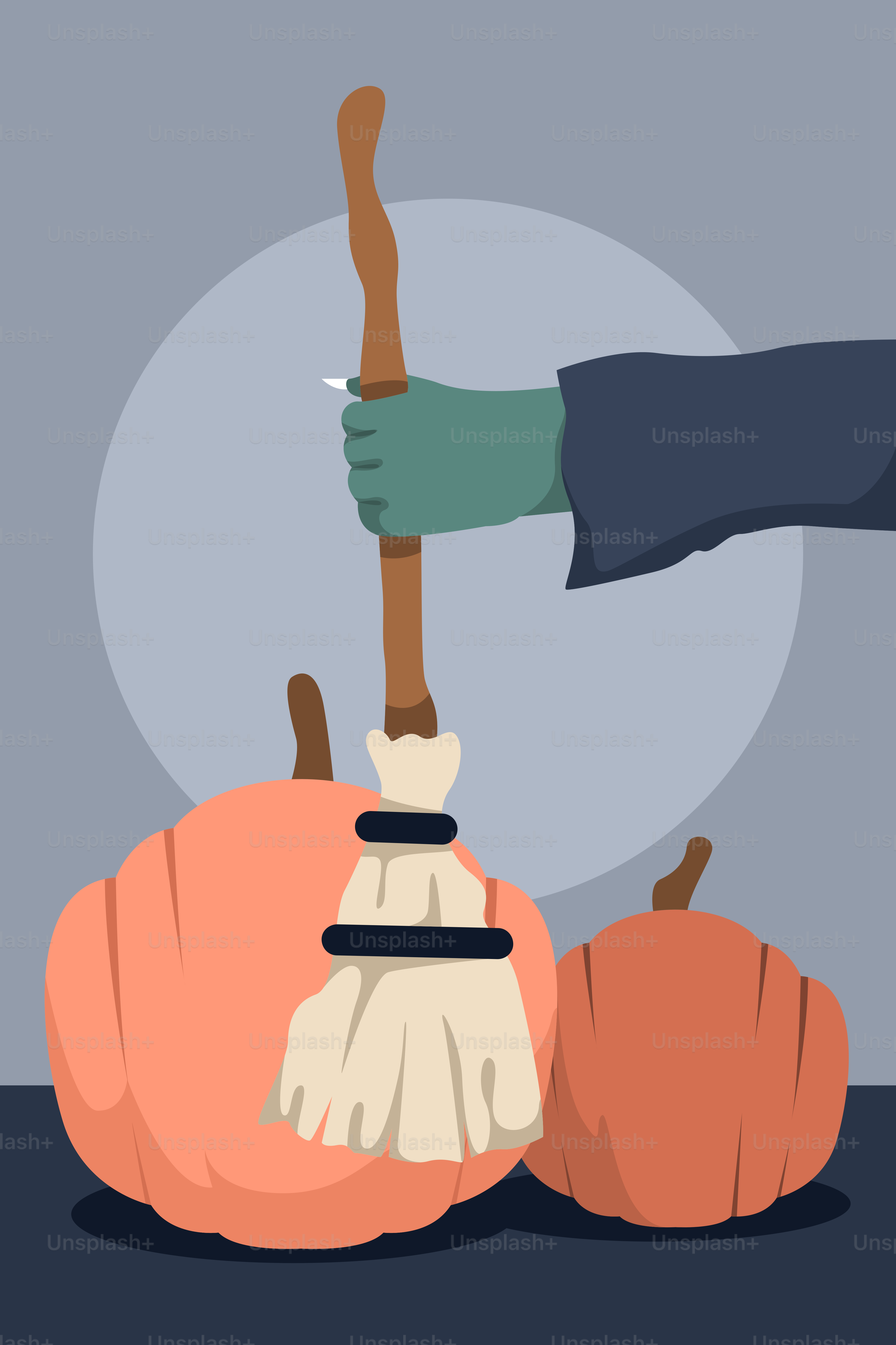 Eine Hand hält einen Besen über einem Kürbis