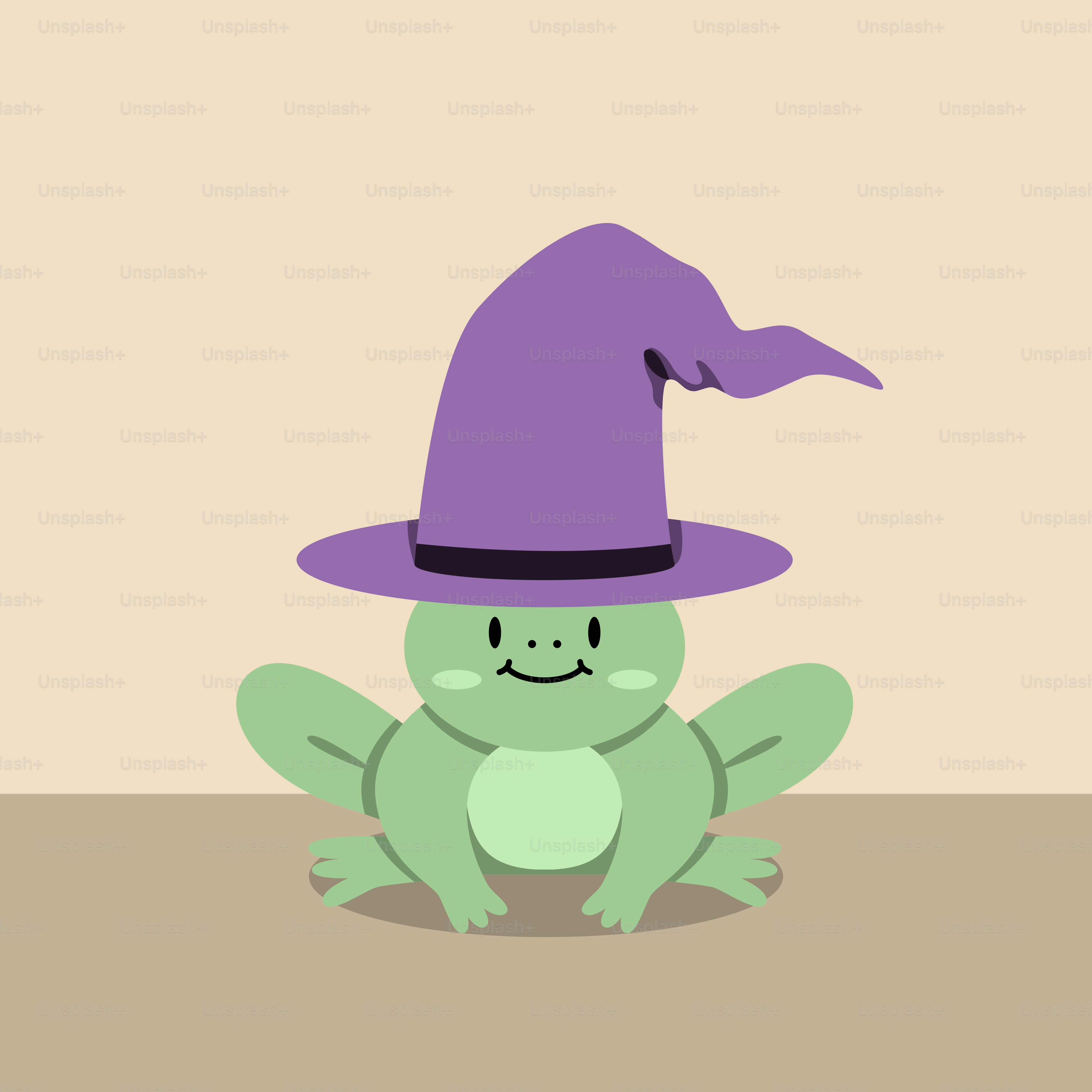 Ein grüner Frosch mit einem violetten Hexenhut