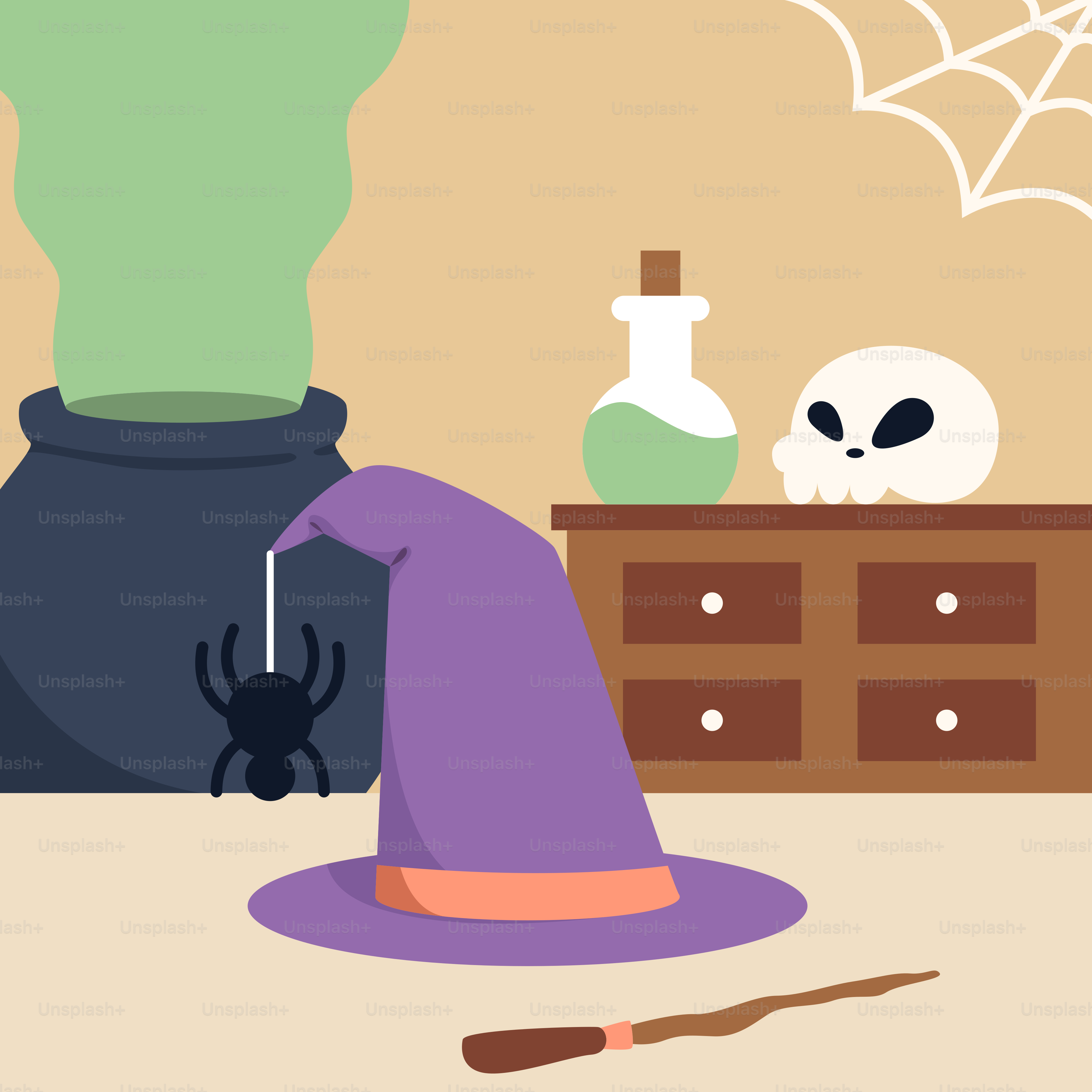 Eine Halloween-Szene mit einem Hexenhut und einer gruseligen Spinne