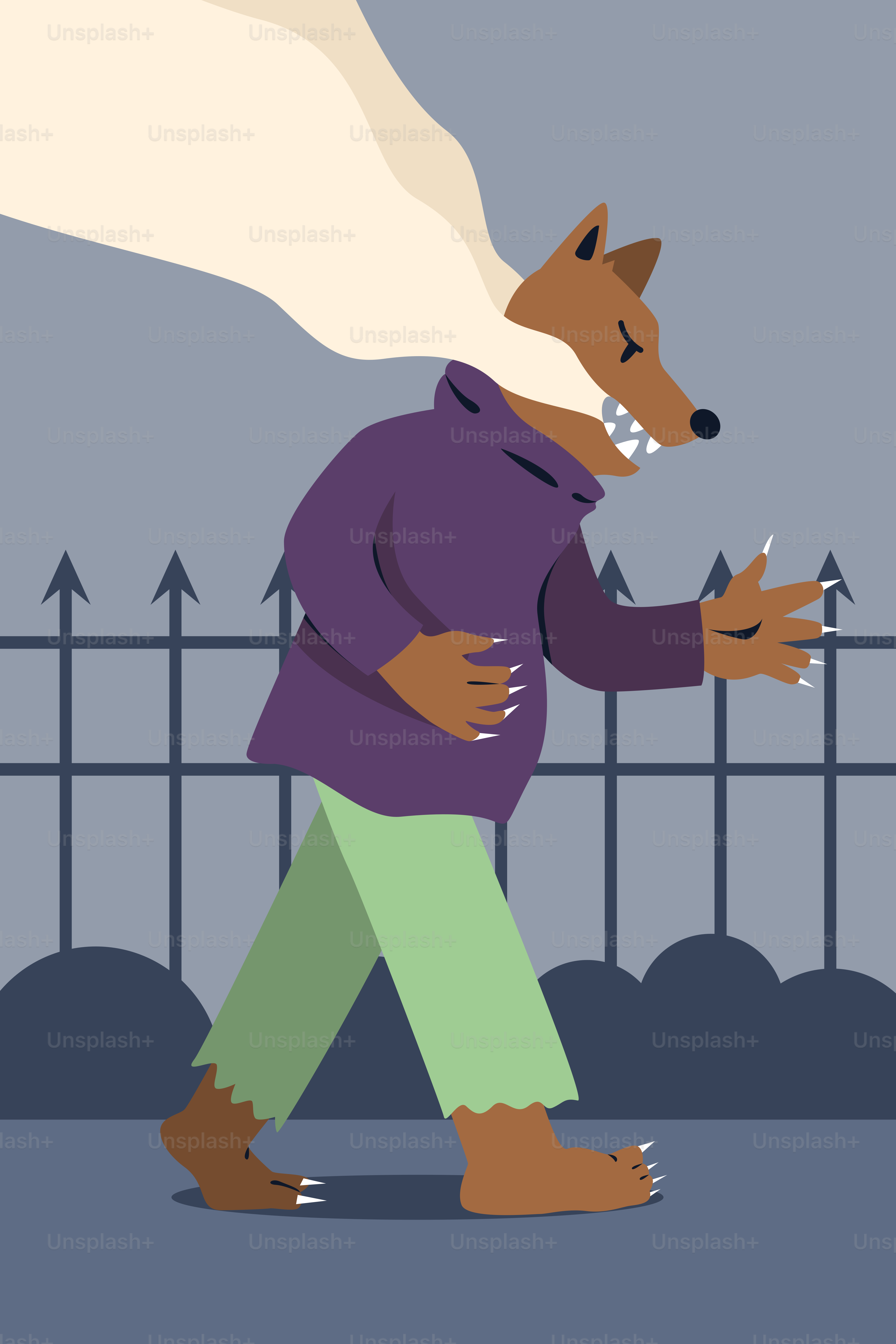 Eine Karikatur eines Mannes, der mit einem Wolf auf dem Rücken läuft