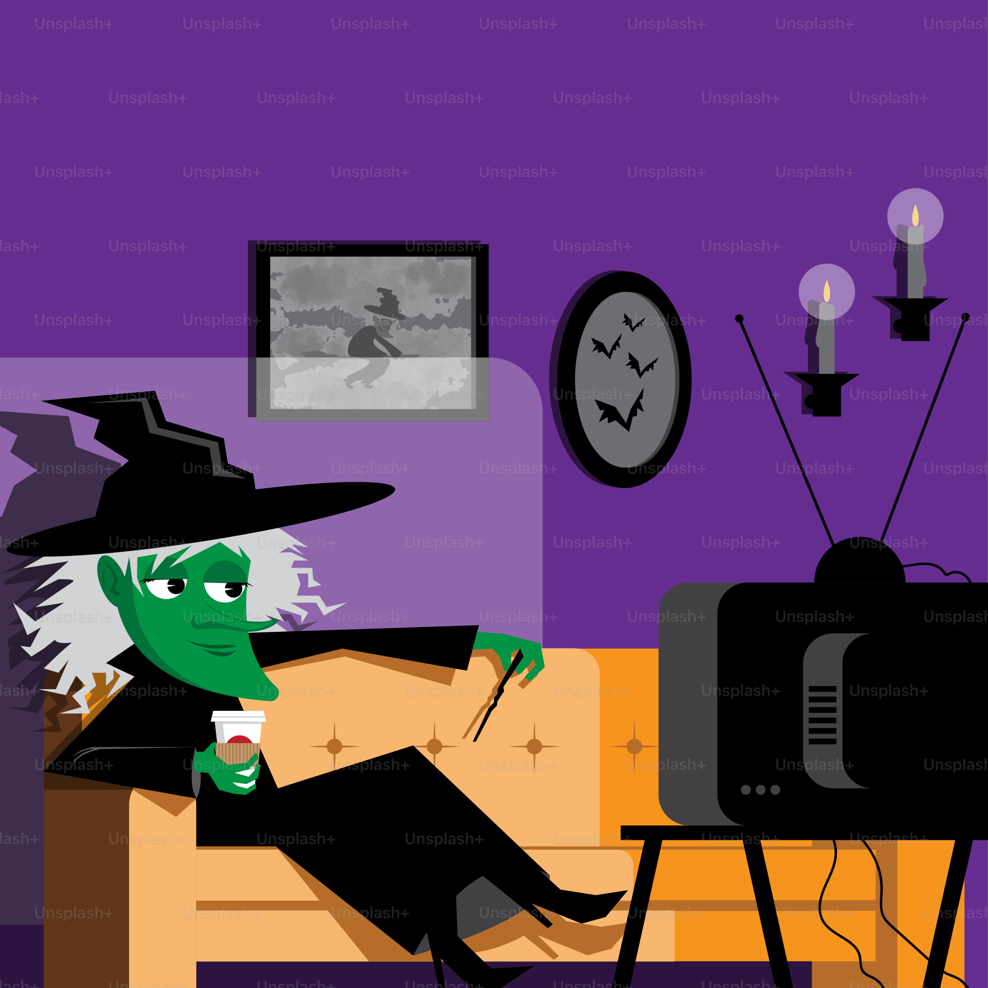 Eine Hexe, die auf einer Couch in einem Wohnzimmer sitzt