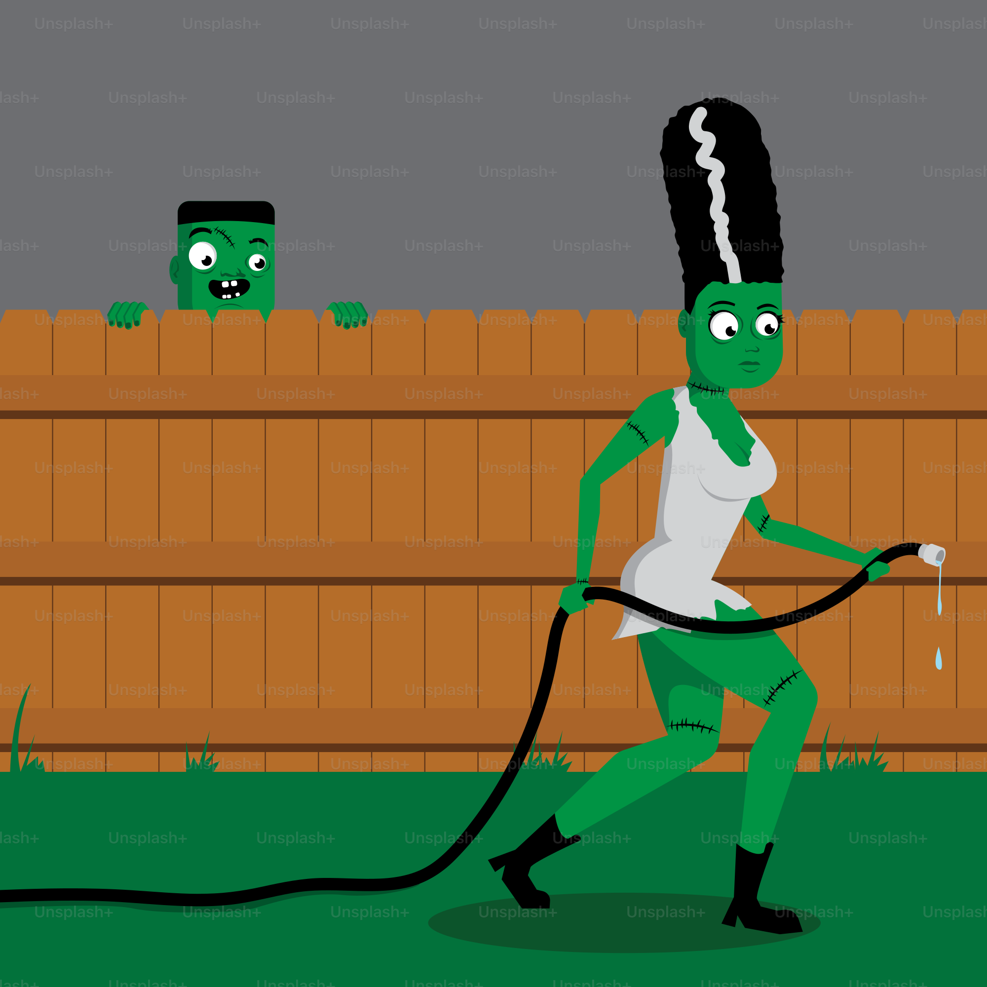 A cartoon of a person with a hose attached to a fence