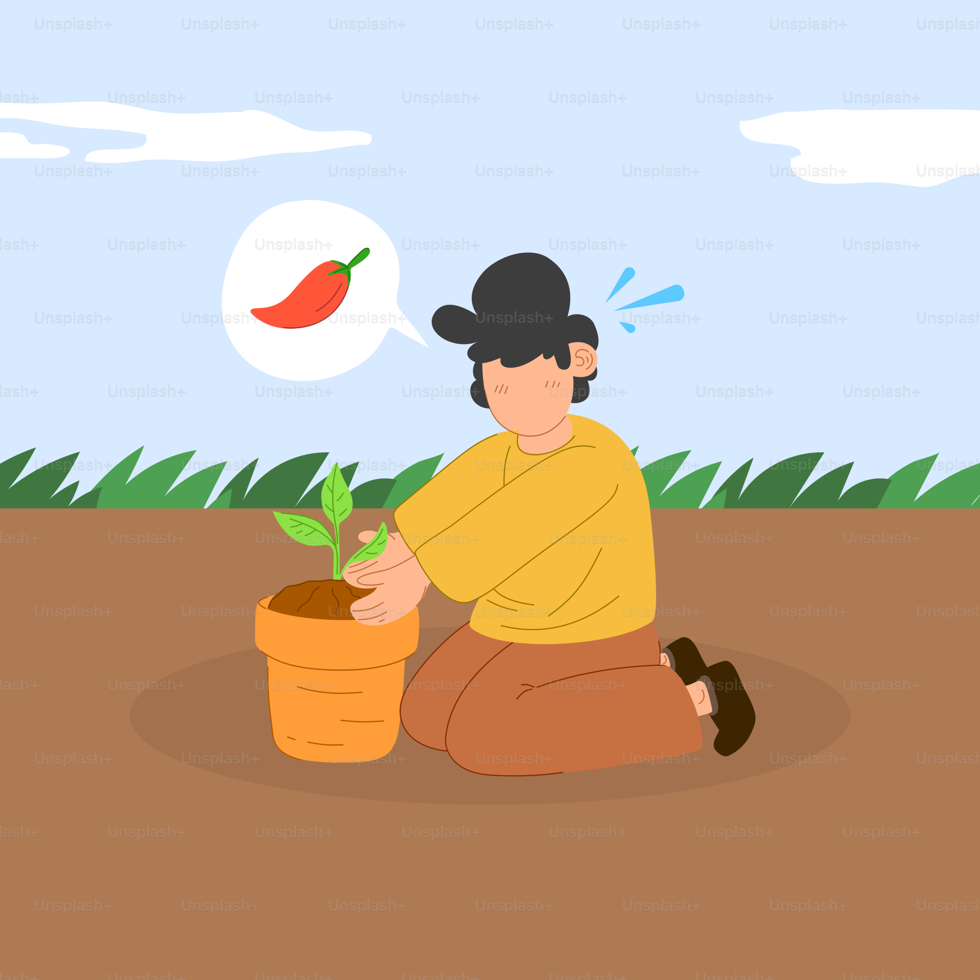 A man kneeling down next to a potted plant