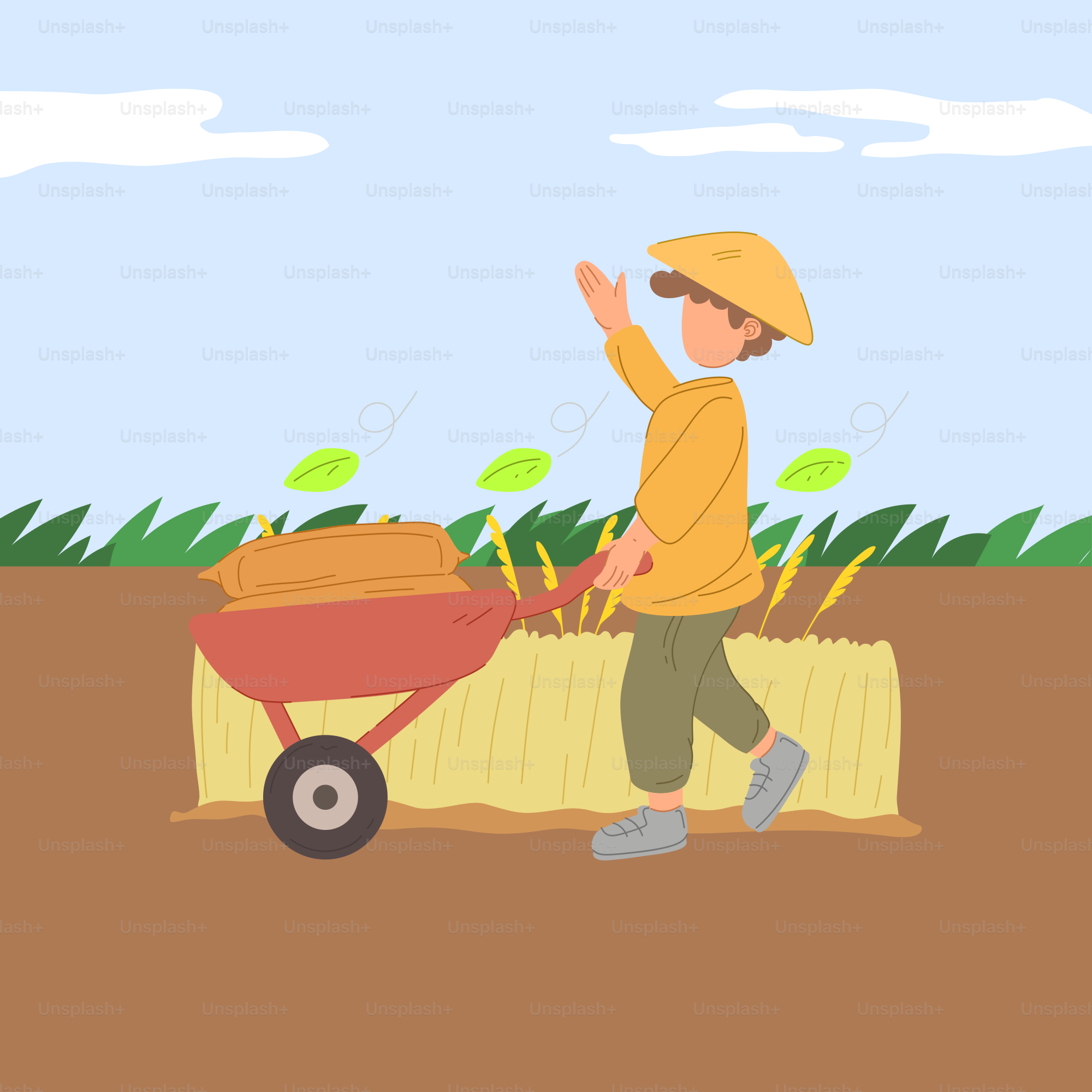 A man pushing a wheelbarrow in a field