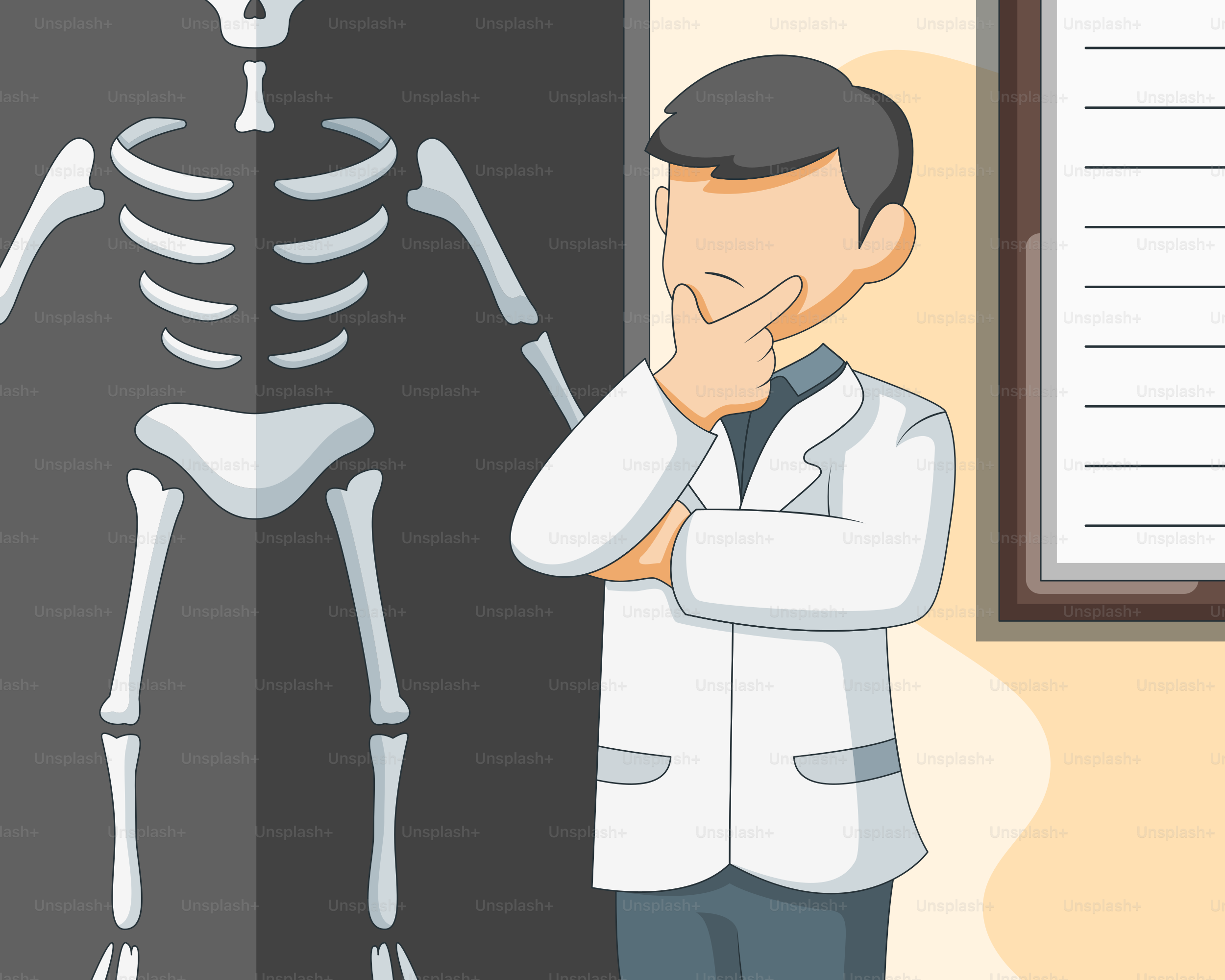 A man standing next to a skeleton in a room