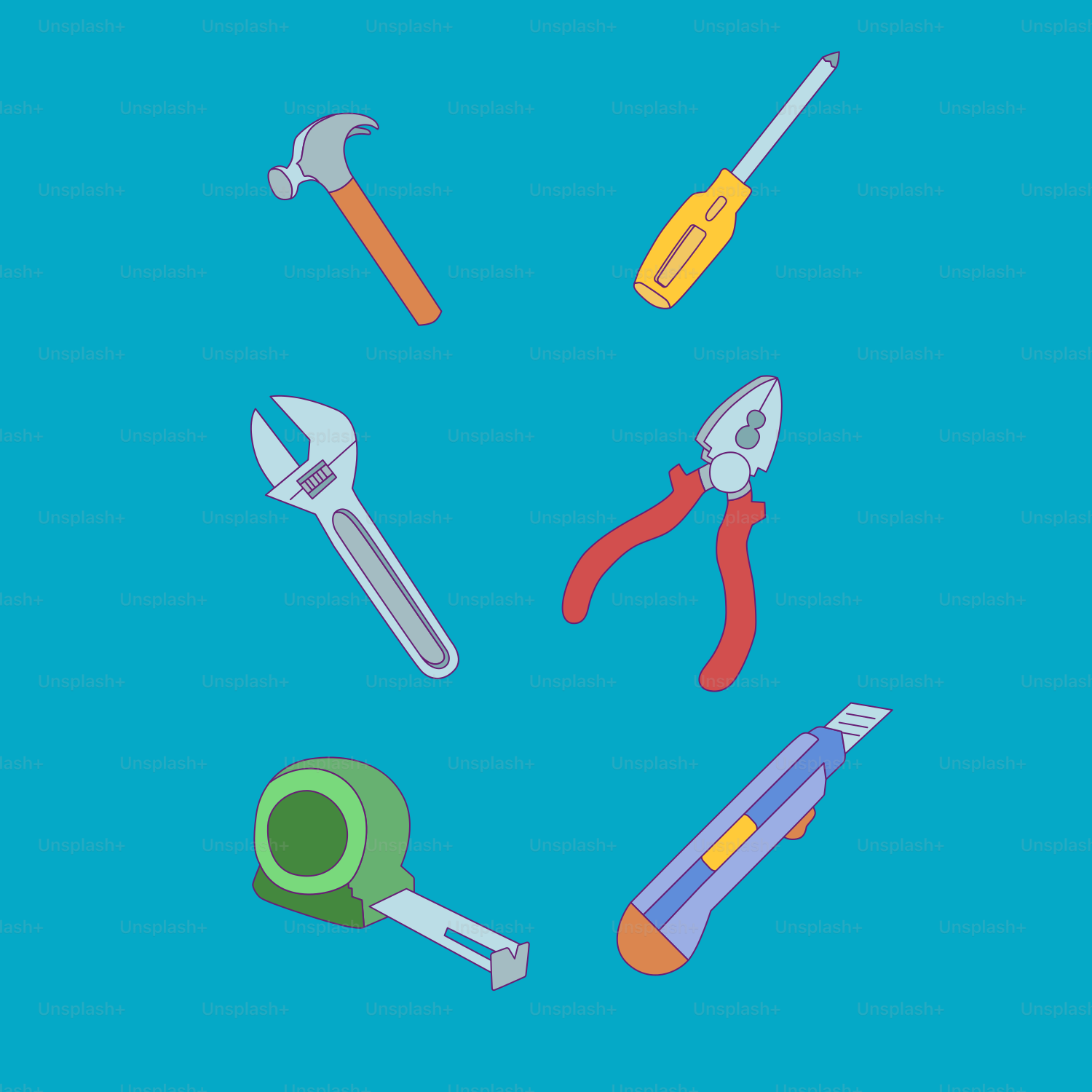 Tools are arranged in a circle on a blue background