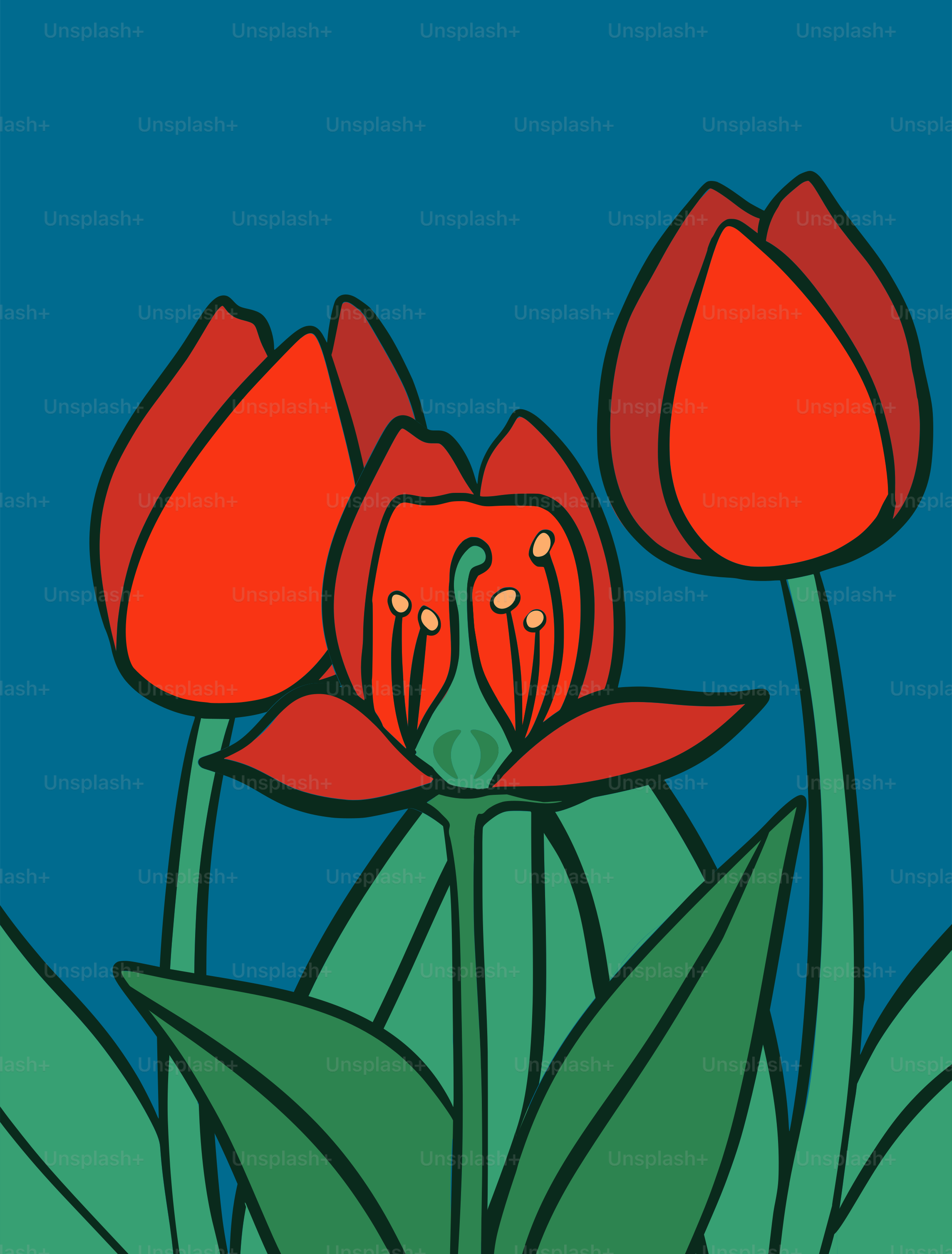 Un dipinto di fiori rossi su sfondo blu