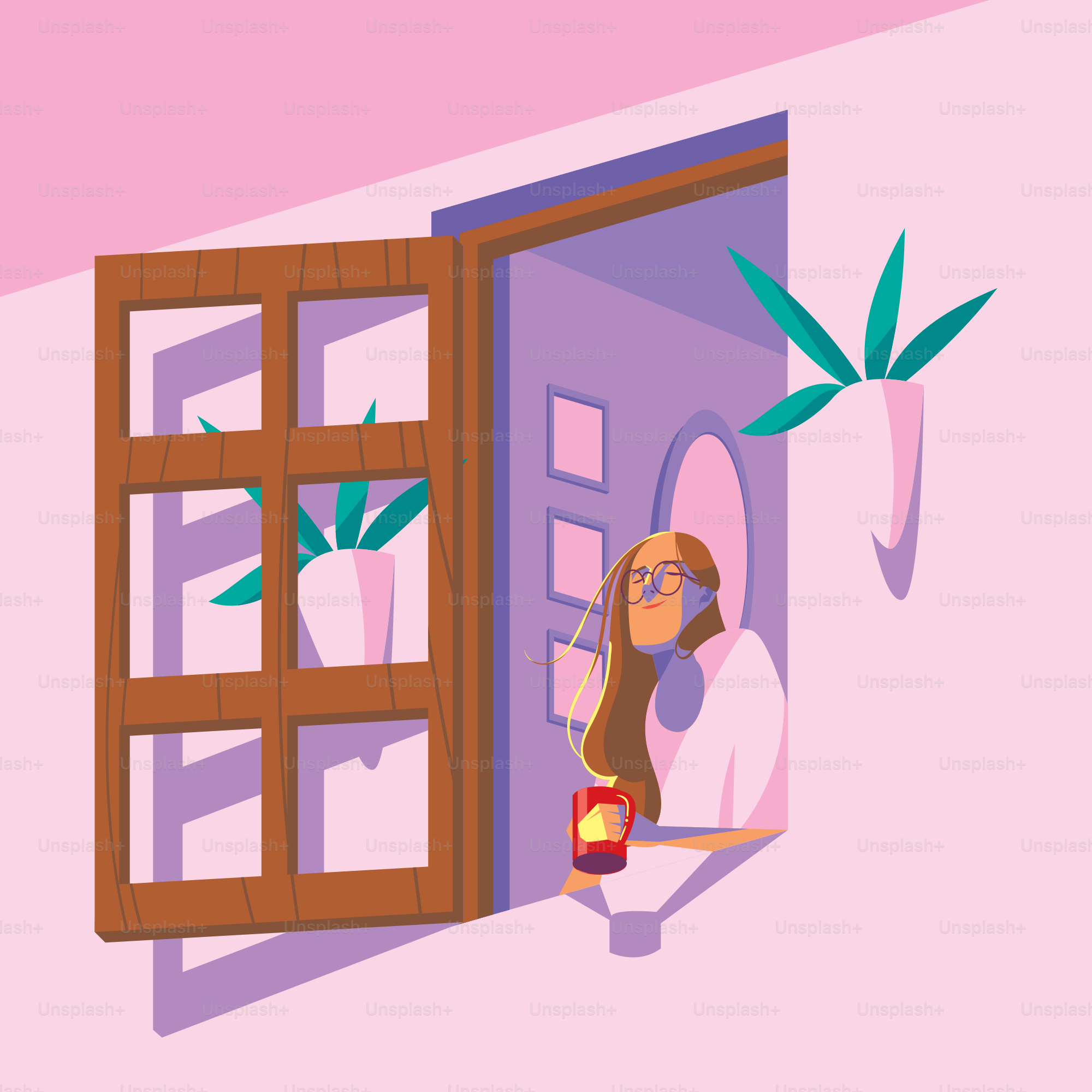 A cartoon of a woman looking out of a window