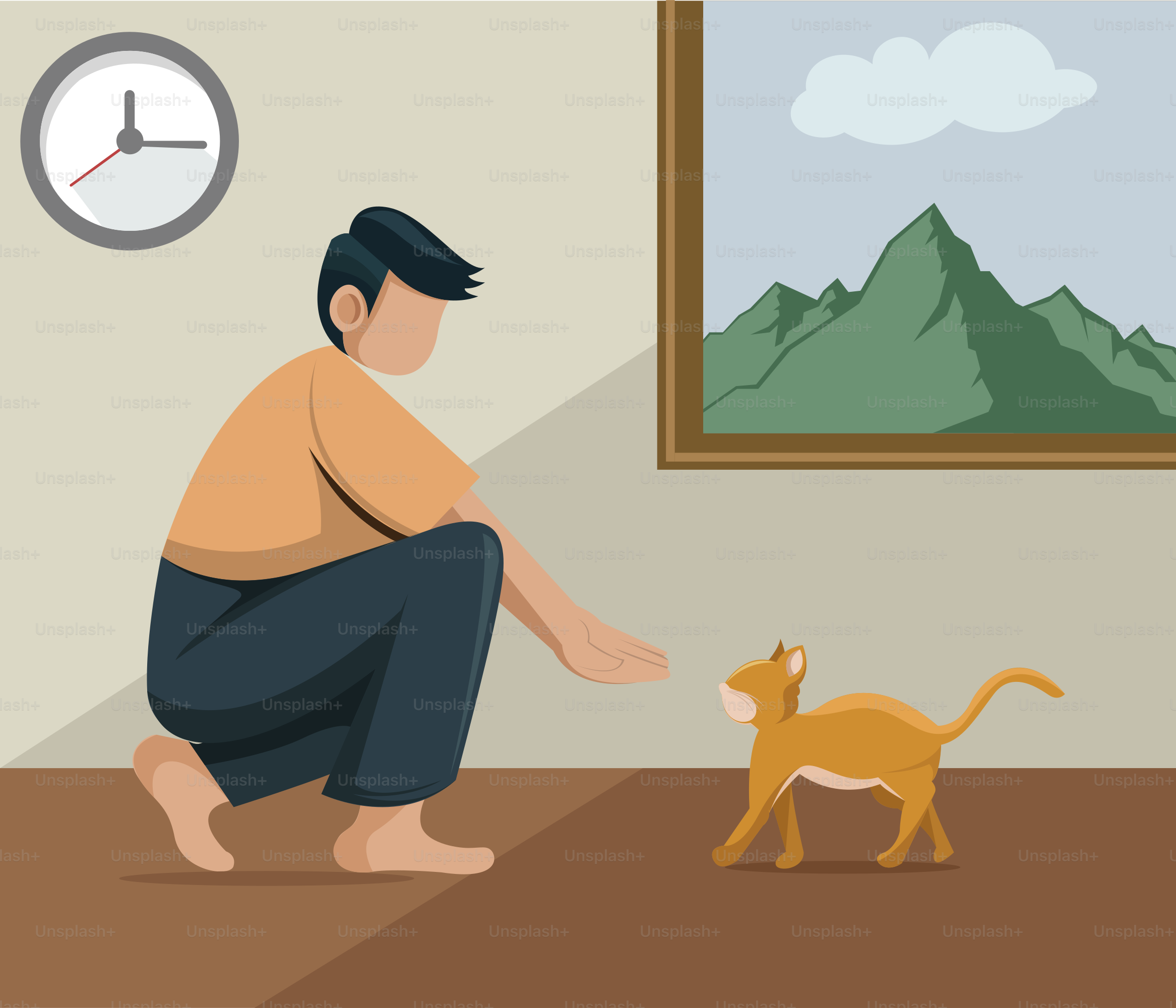 Seorang pria berlutut di samping seekor kucing
