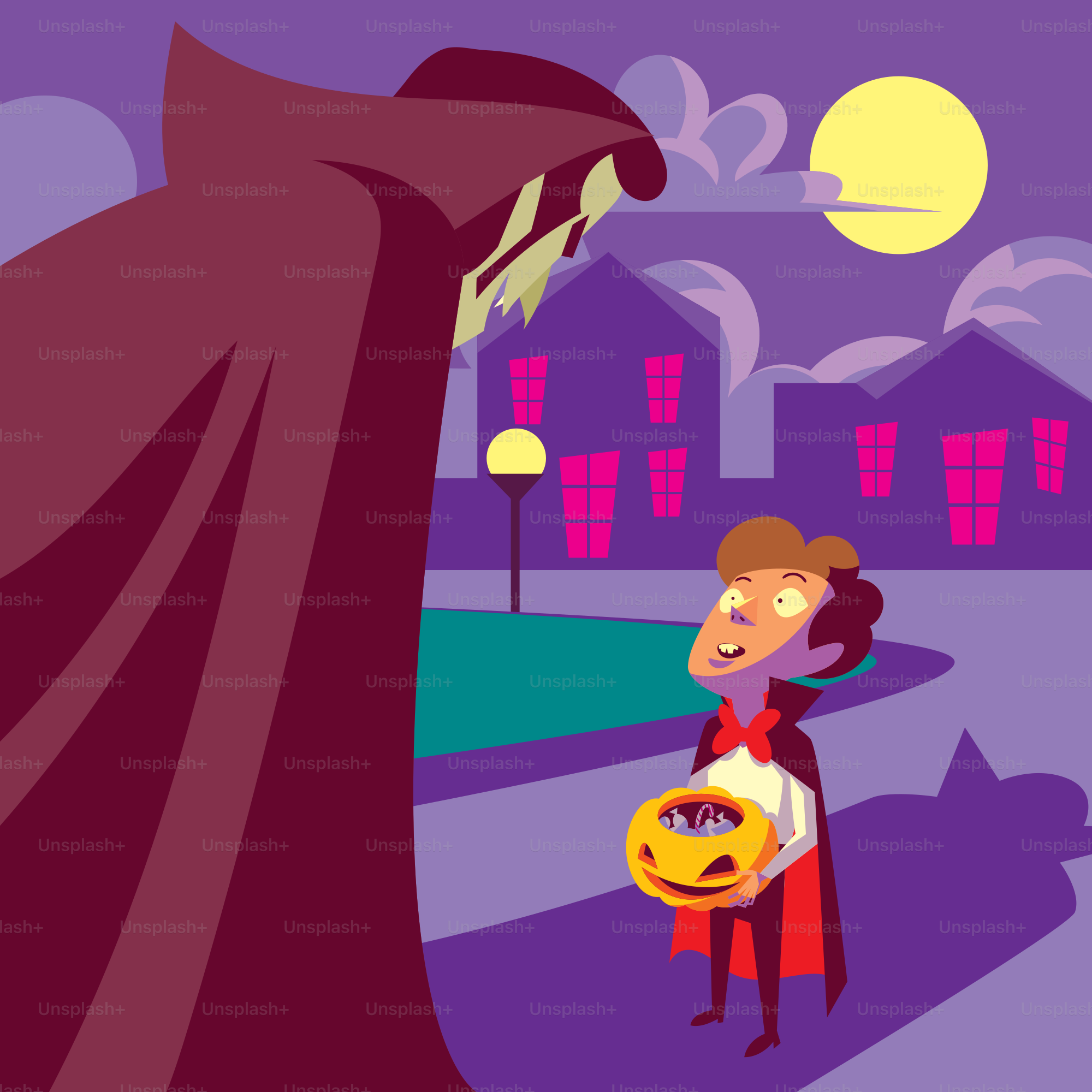 A cartoon of a man in a cape holding a pumpkin