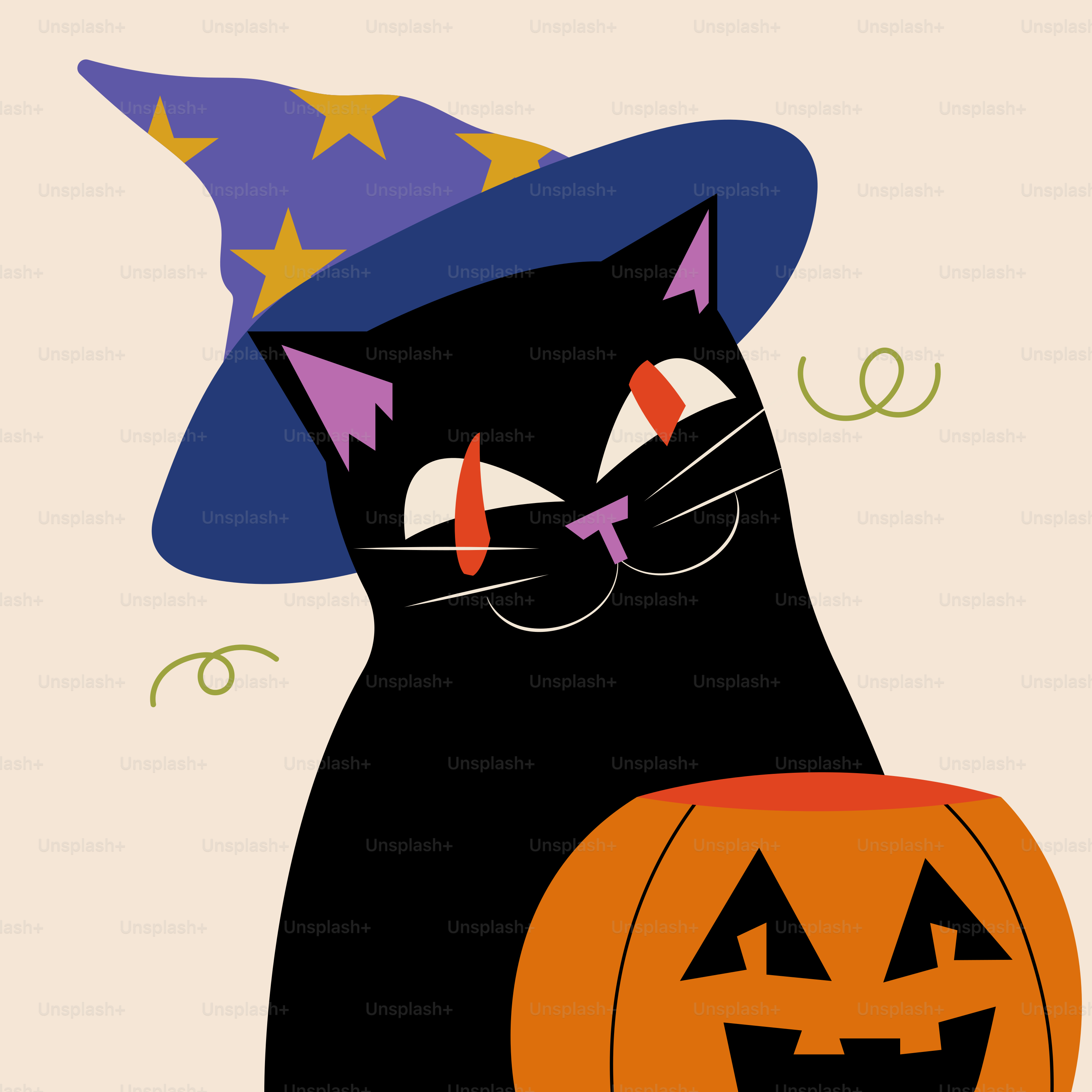 Un gatto nero con un cappello da strega e una zucca in mano