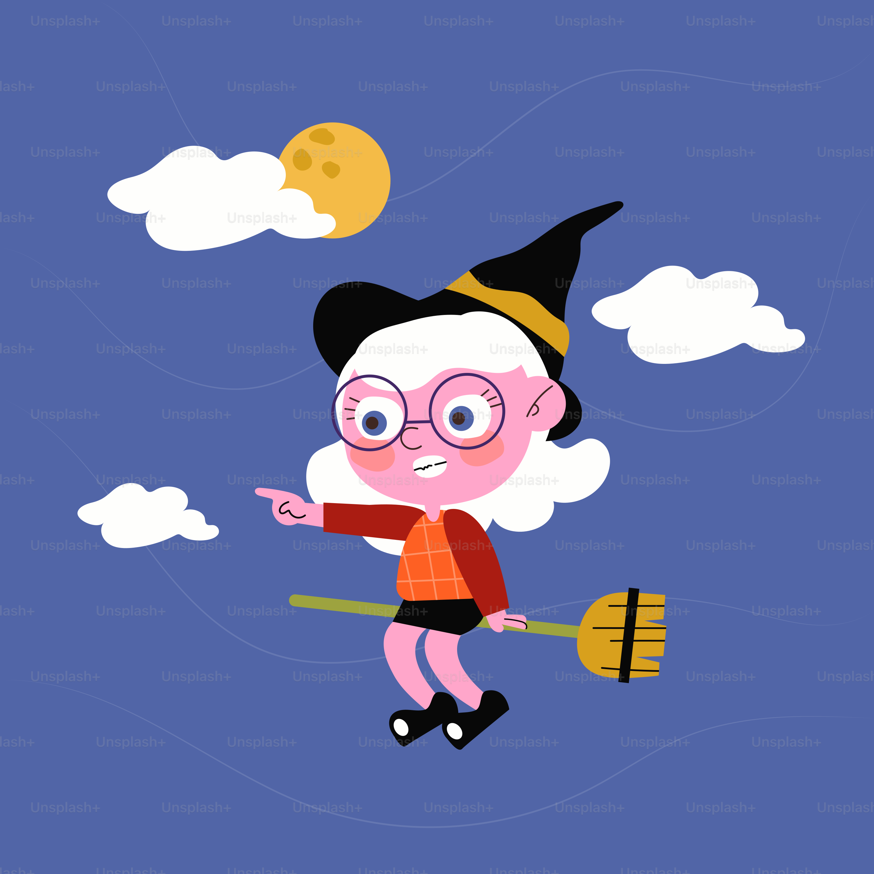 A cartoon character flying through the air on a broom