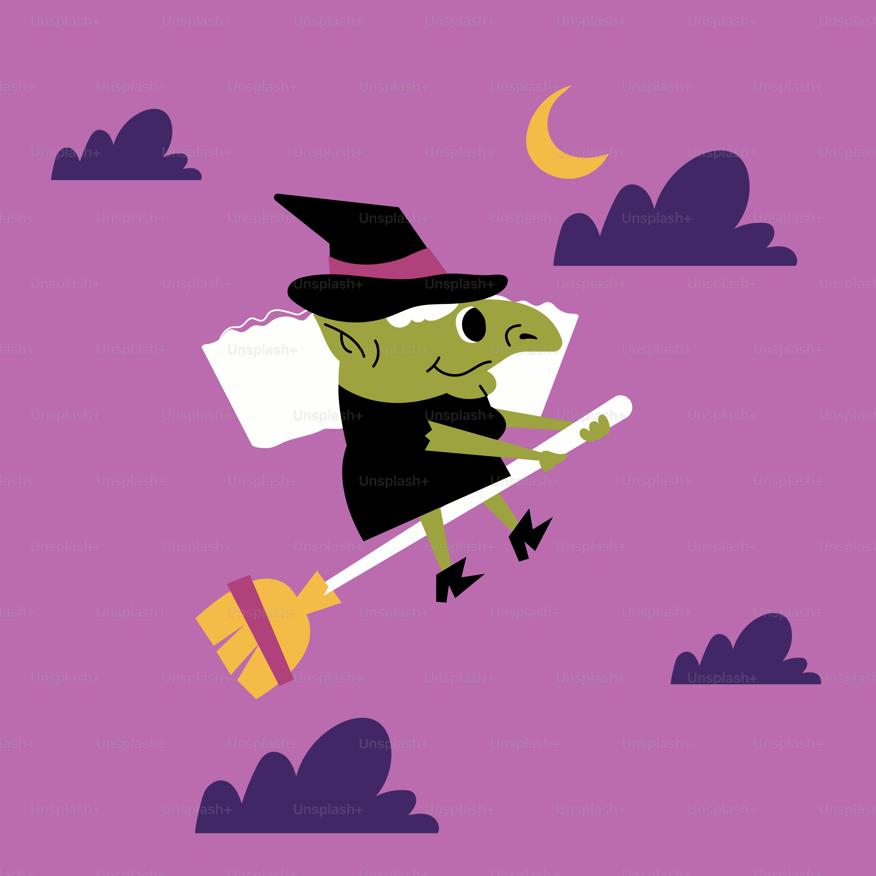 Eine Cartoonfigur, die auf einem Besen durch die Luft fliegt
