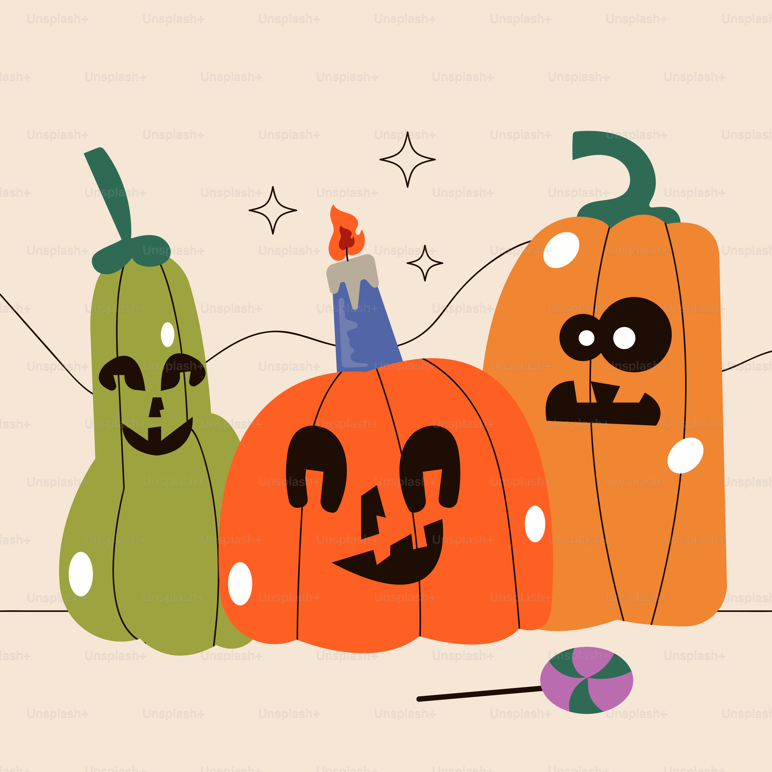 Una fila di zucche con volti disegnati sopra