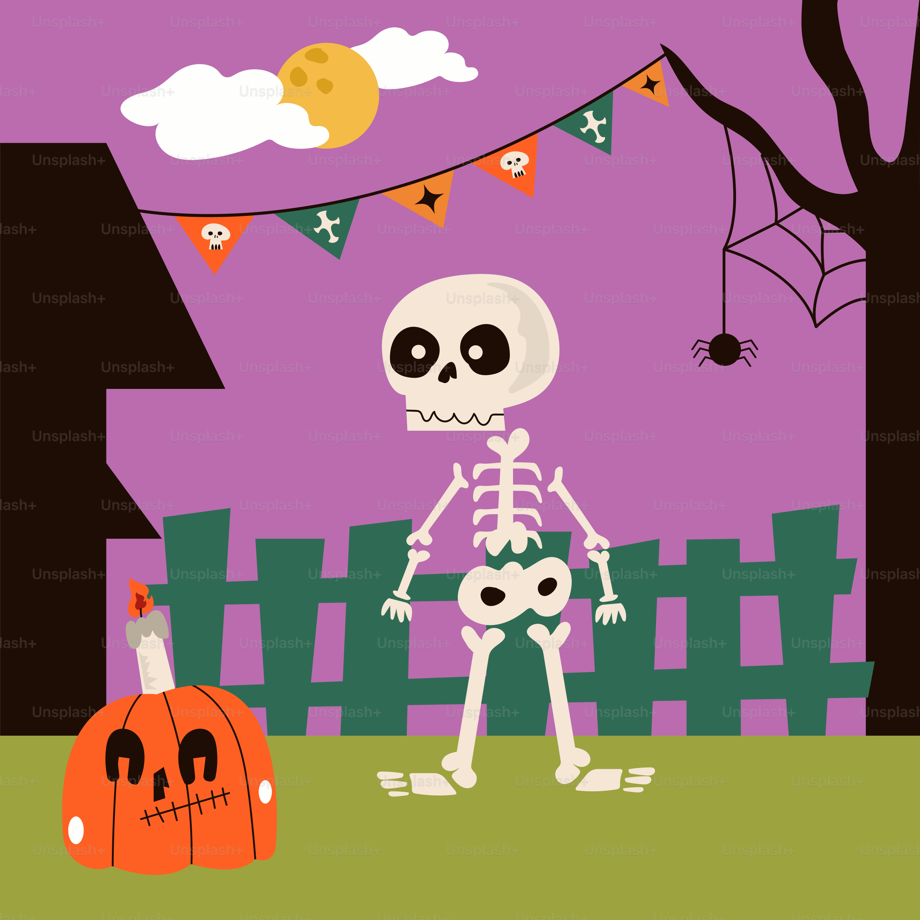A skeleton is standing in front of a fence