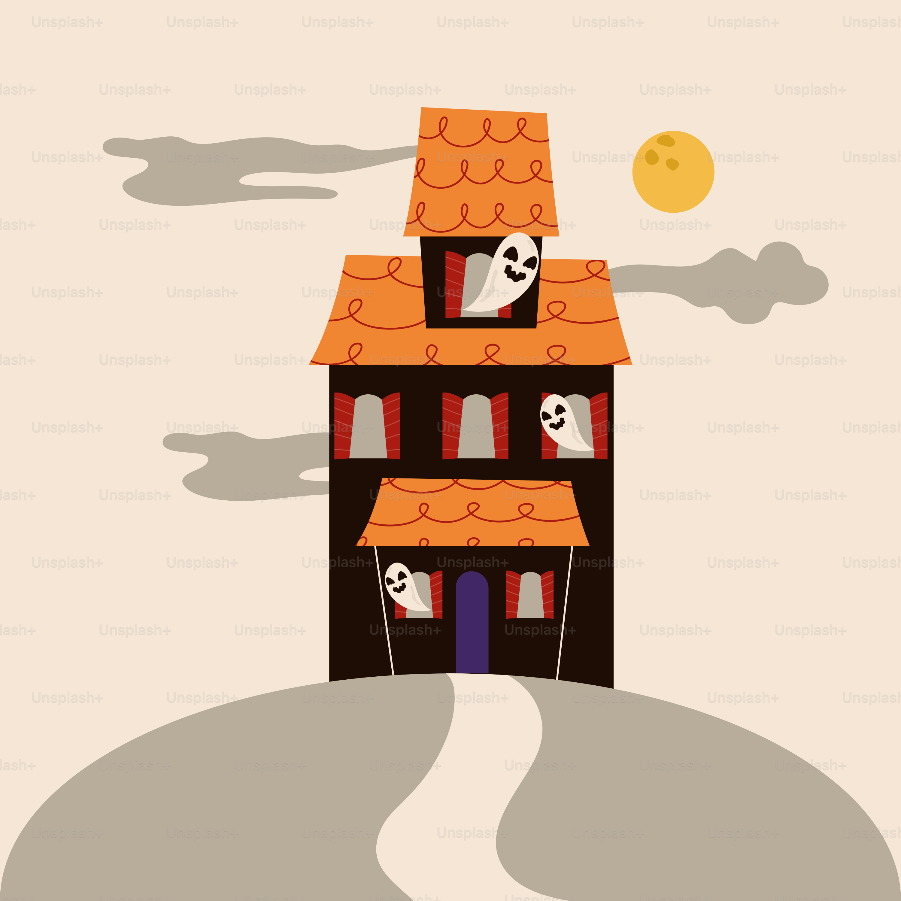 Una casa con un fantasma sul tetto e una luna piena nel cielo