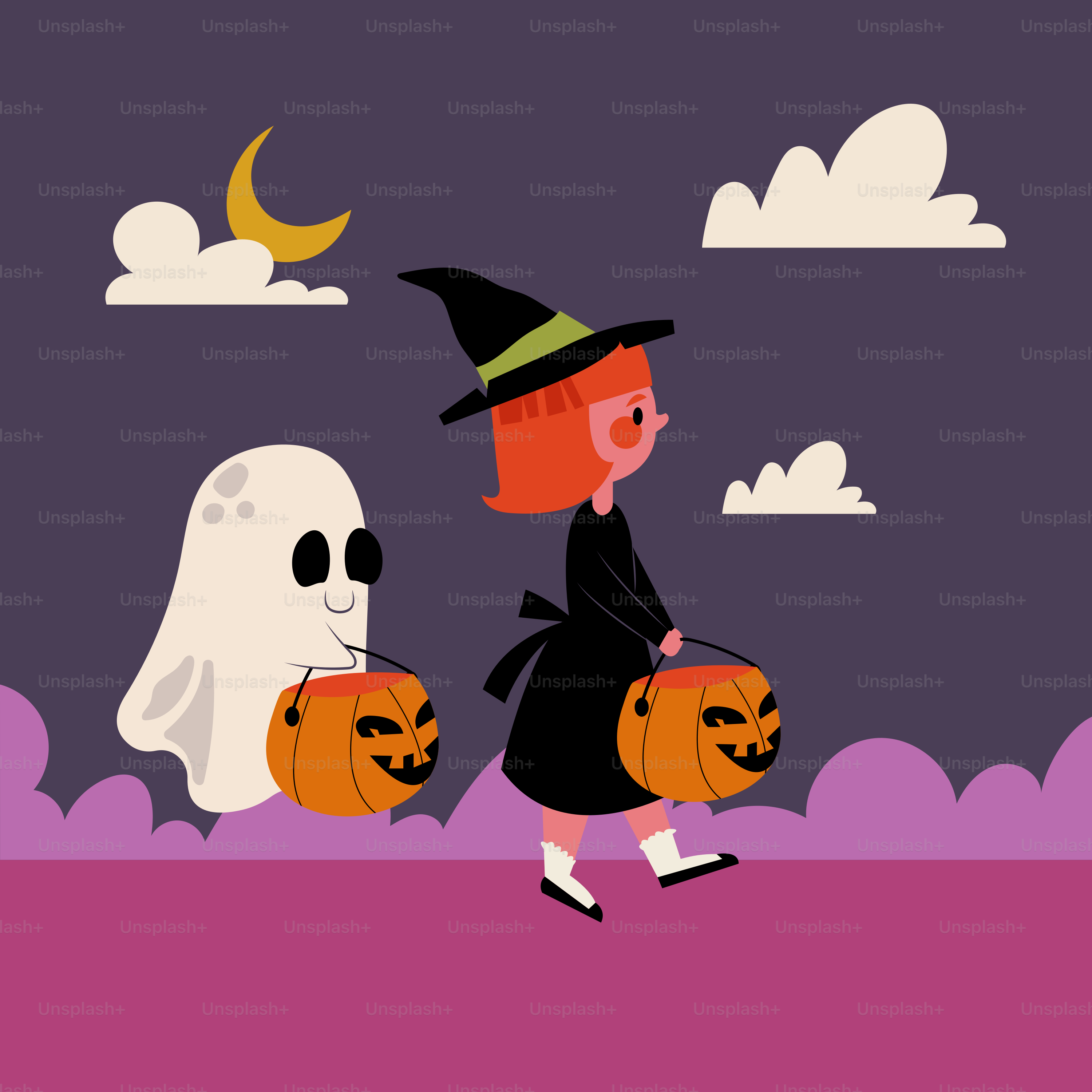 Una donna in costume da strega che porta due zucche