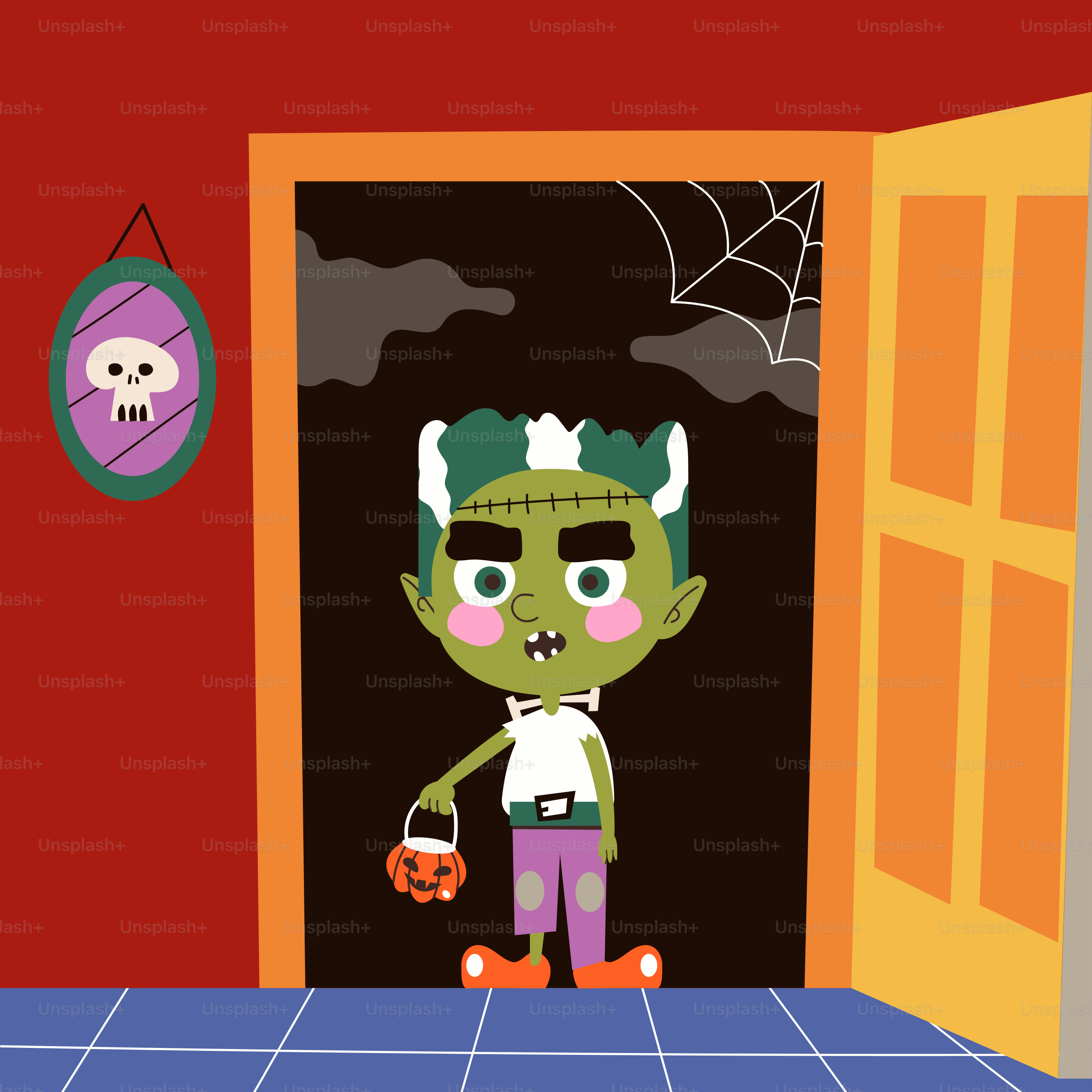 Un personaggio dei cartoni animati in piedi davanti a una porta aperta