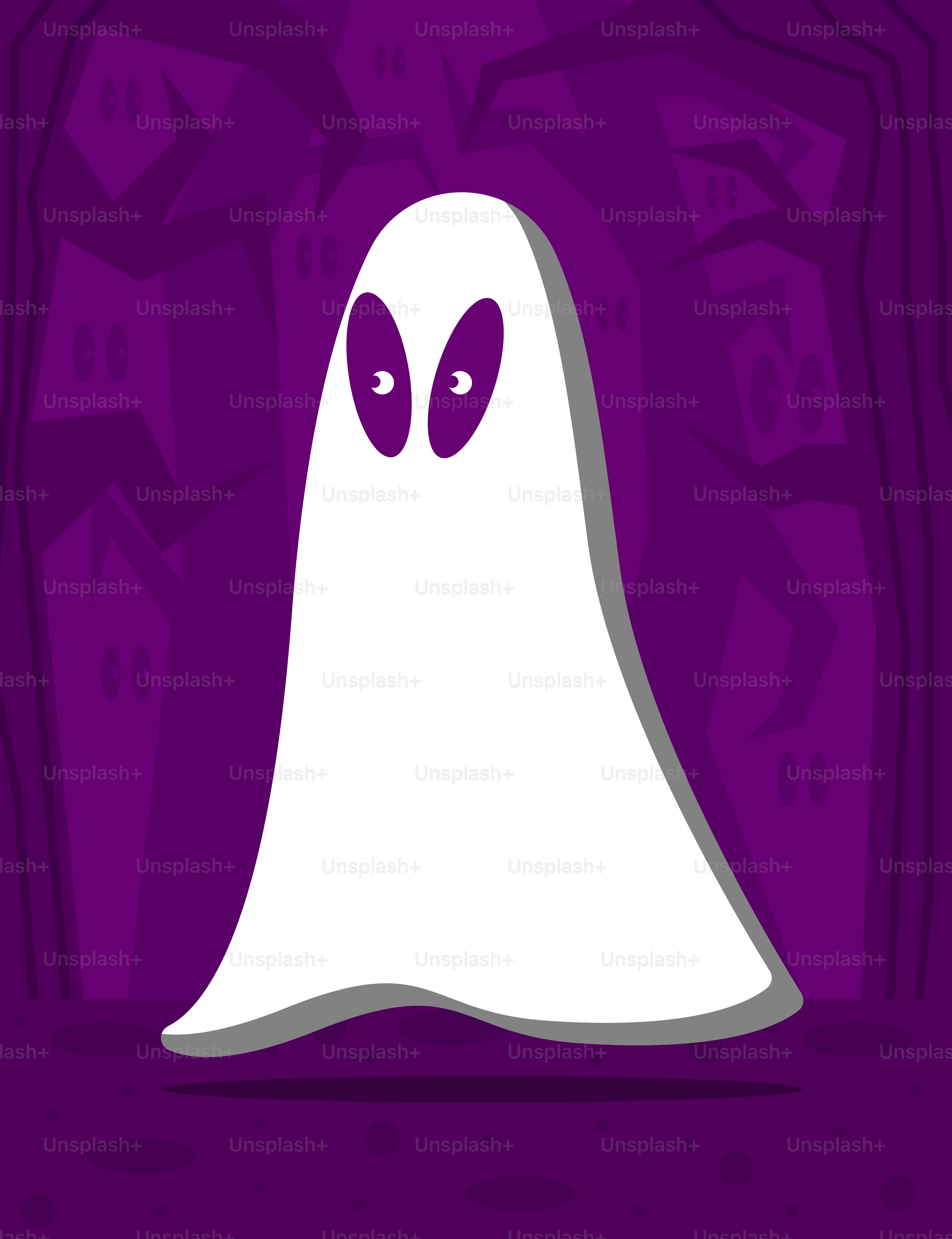 Ein weißer Geist mit zwei Augen und violettem Hintergrund