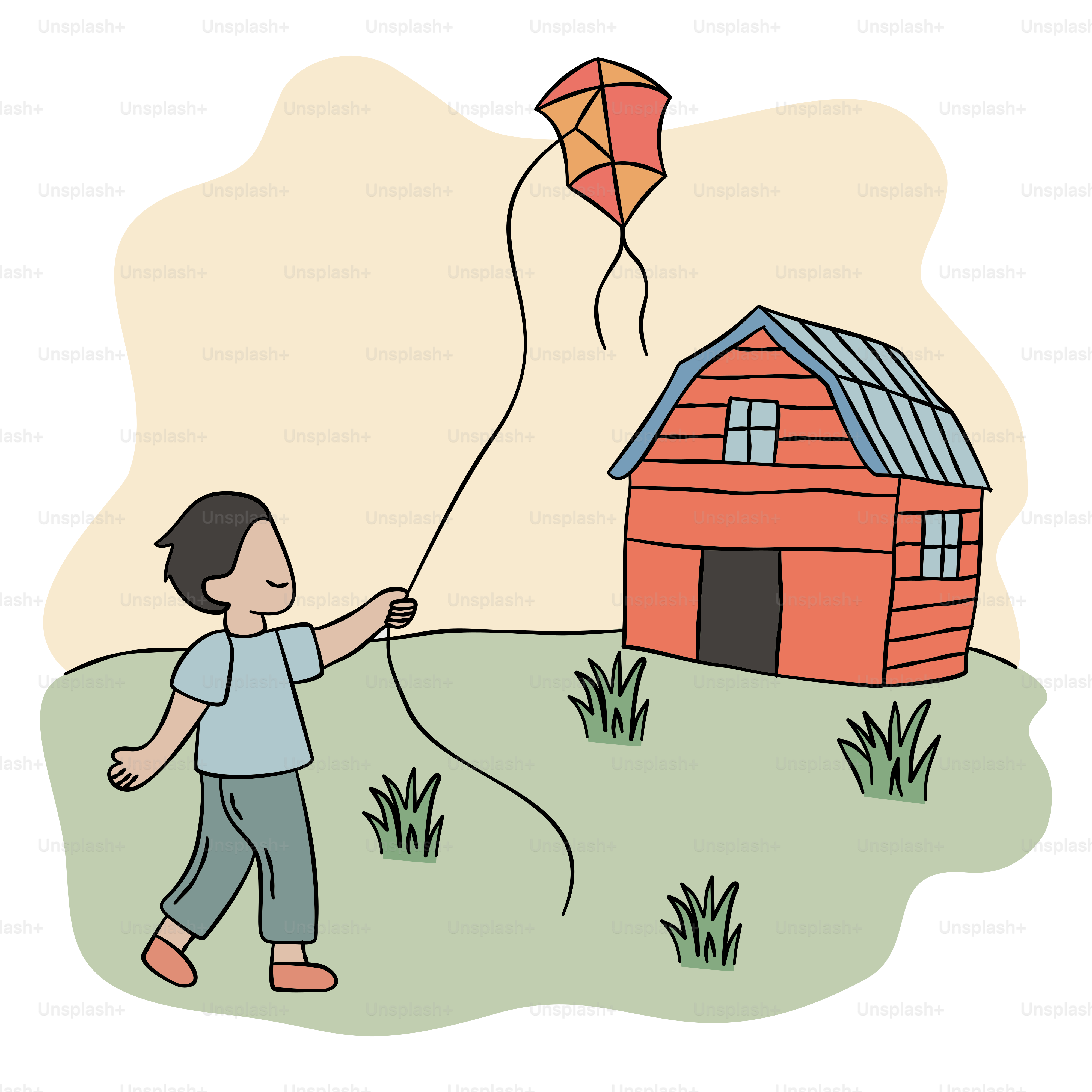 Un niño pequeño volando una cometa junto a una casa roja