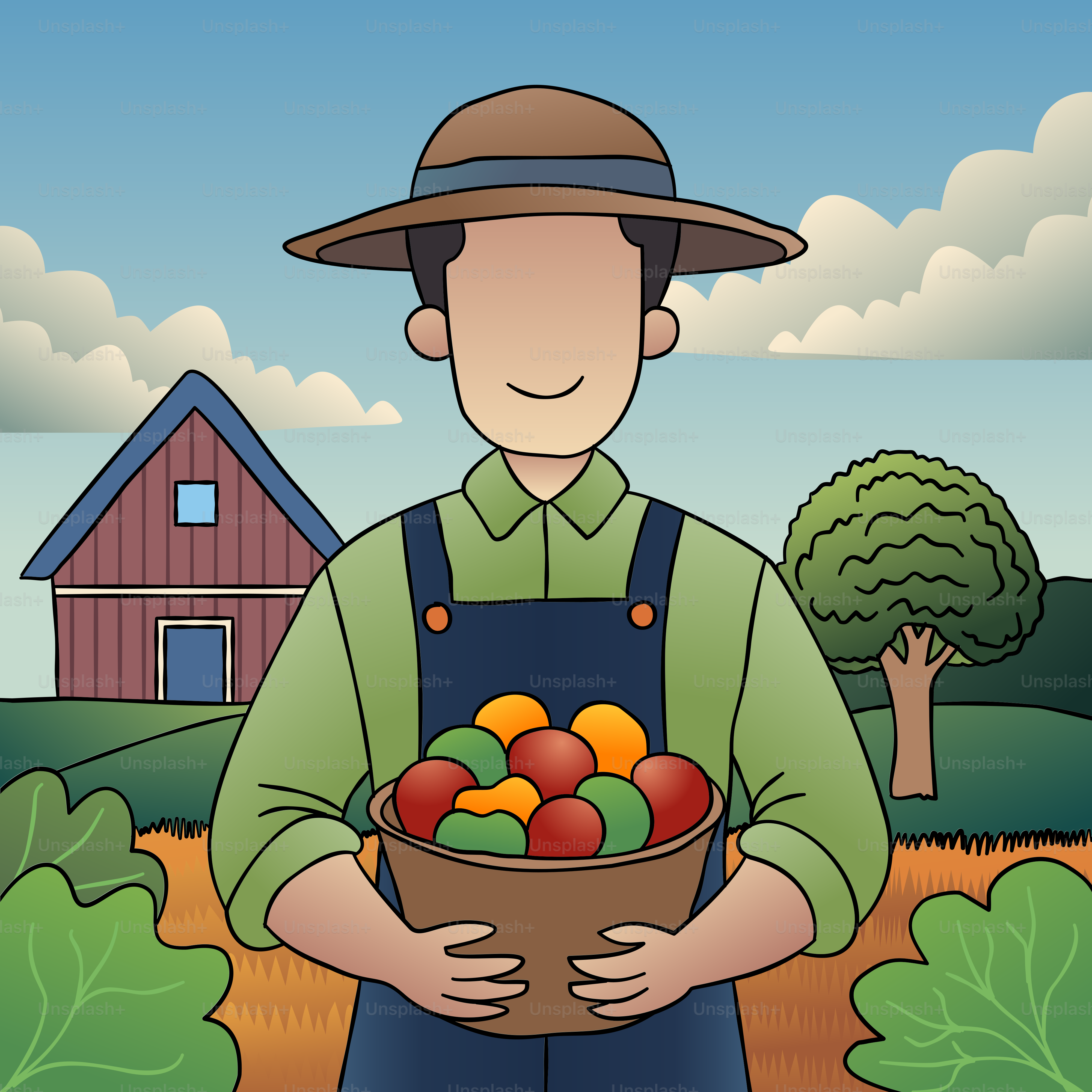 Un hombre de pie en un campo sosteniendo una cesta de fruta