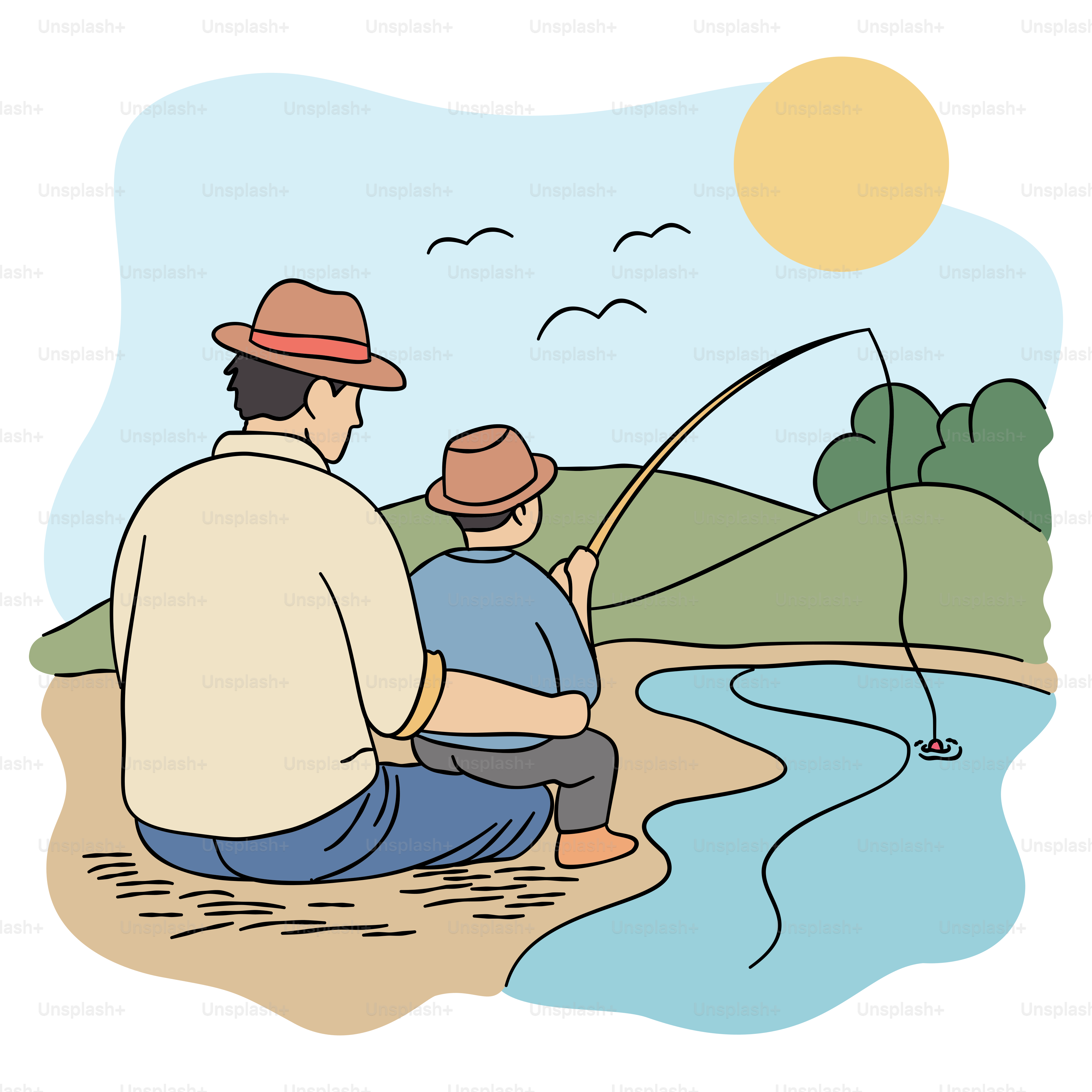 A man and a boy fishing on a lake