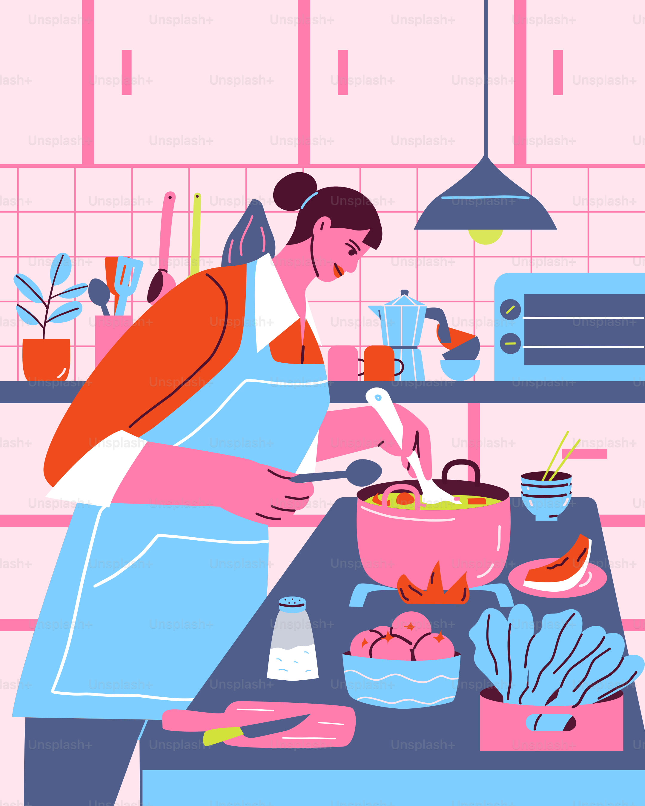 A woman in an apron cooking in a kitchen