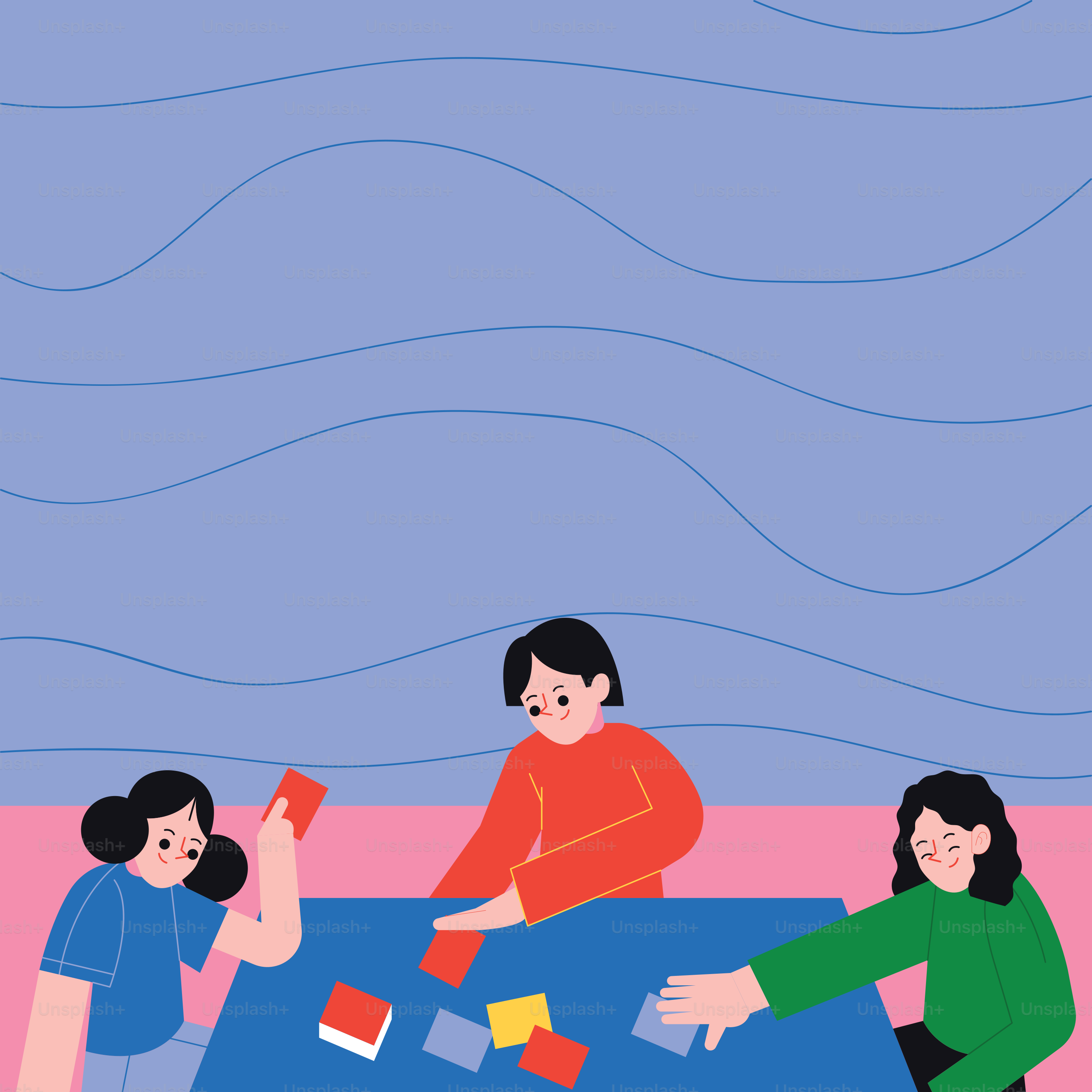 Eine Gruppe von Menschen, die um einen blauen Tisch sitzen