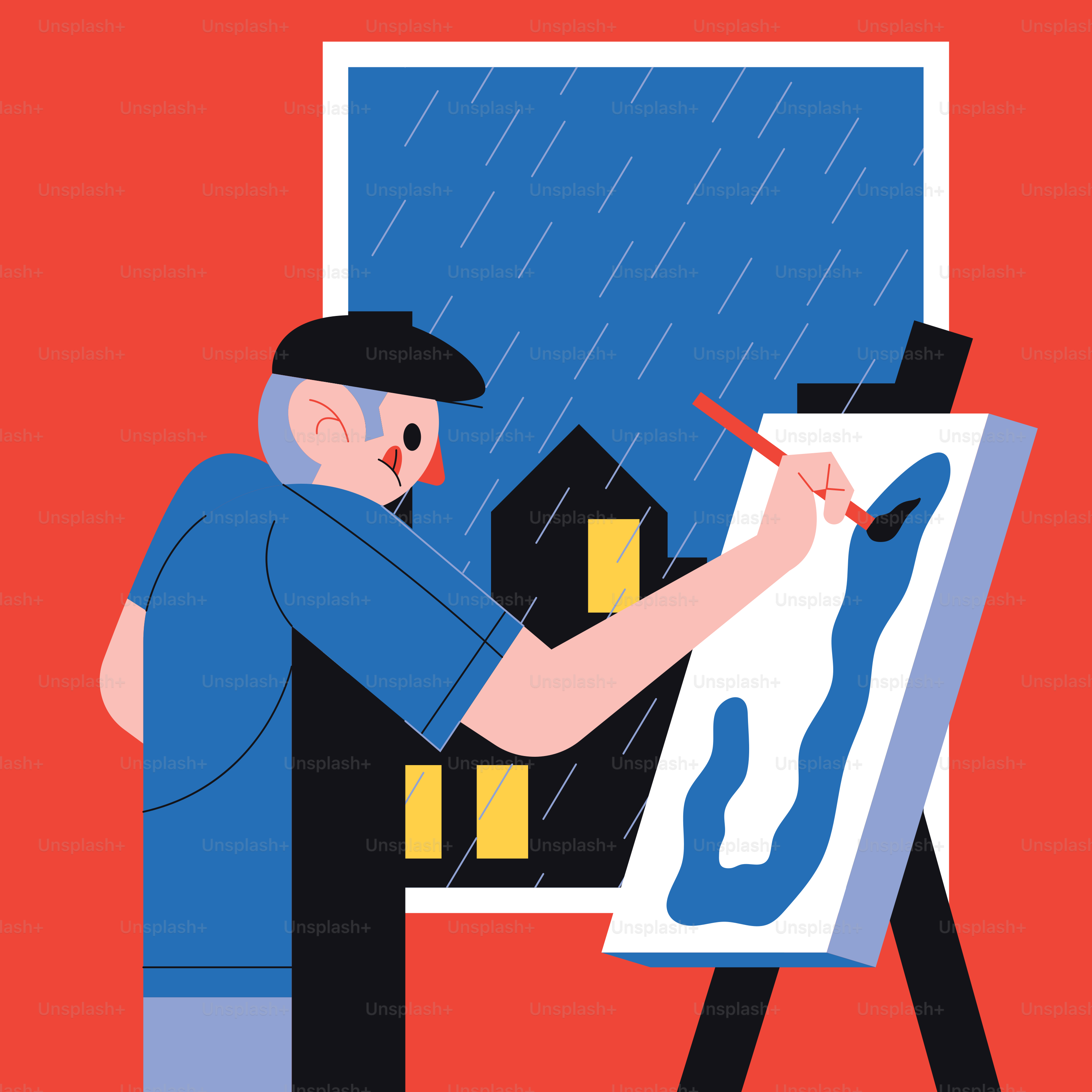 A man is painting a picture on a easel