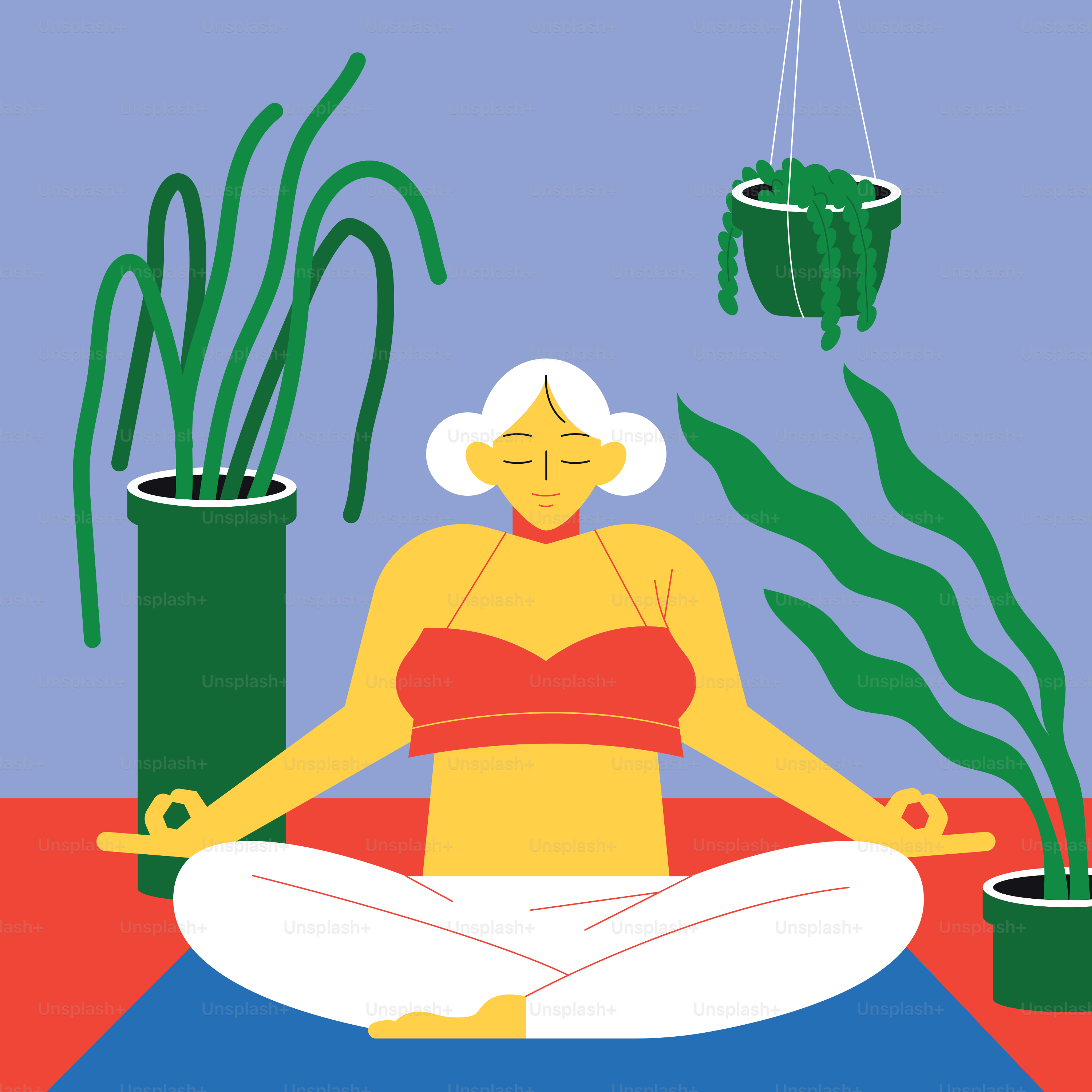 A woman sitting in a lotus position in front of potted plants