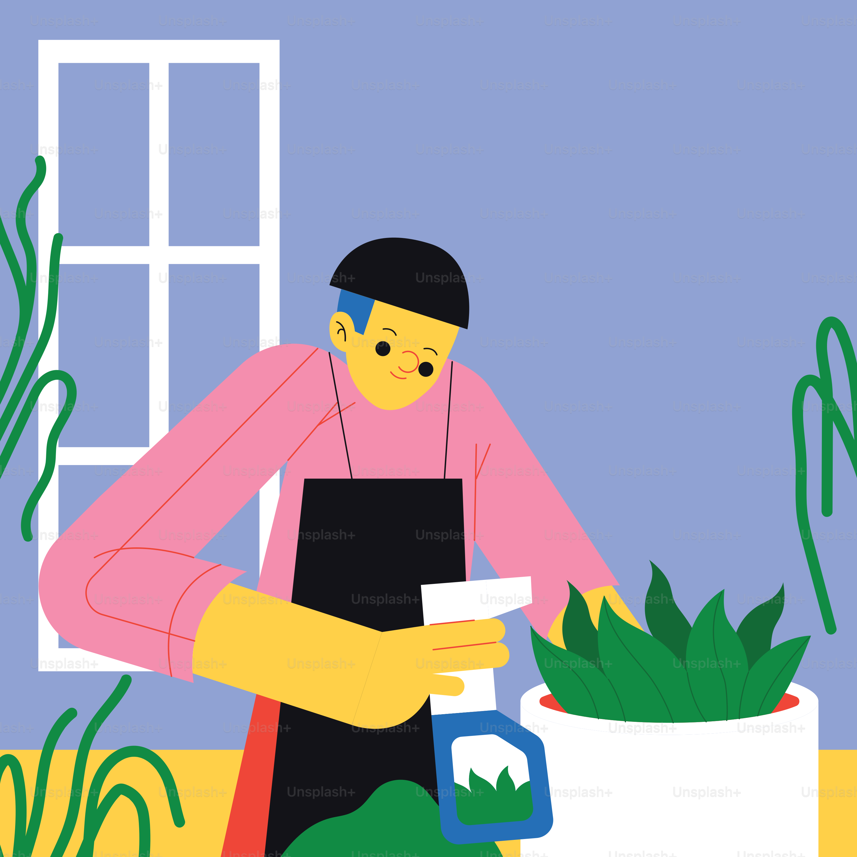 A man in an apron standing next to a potted plant