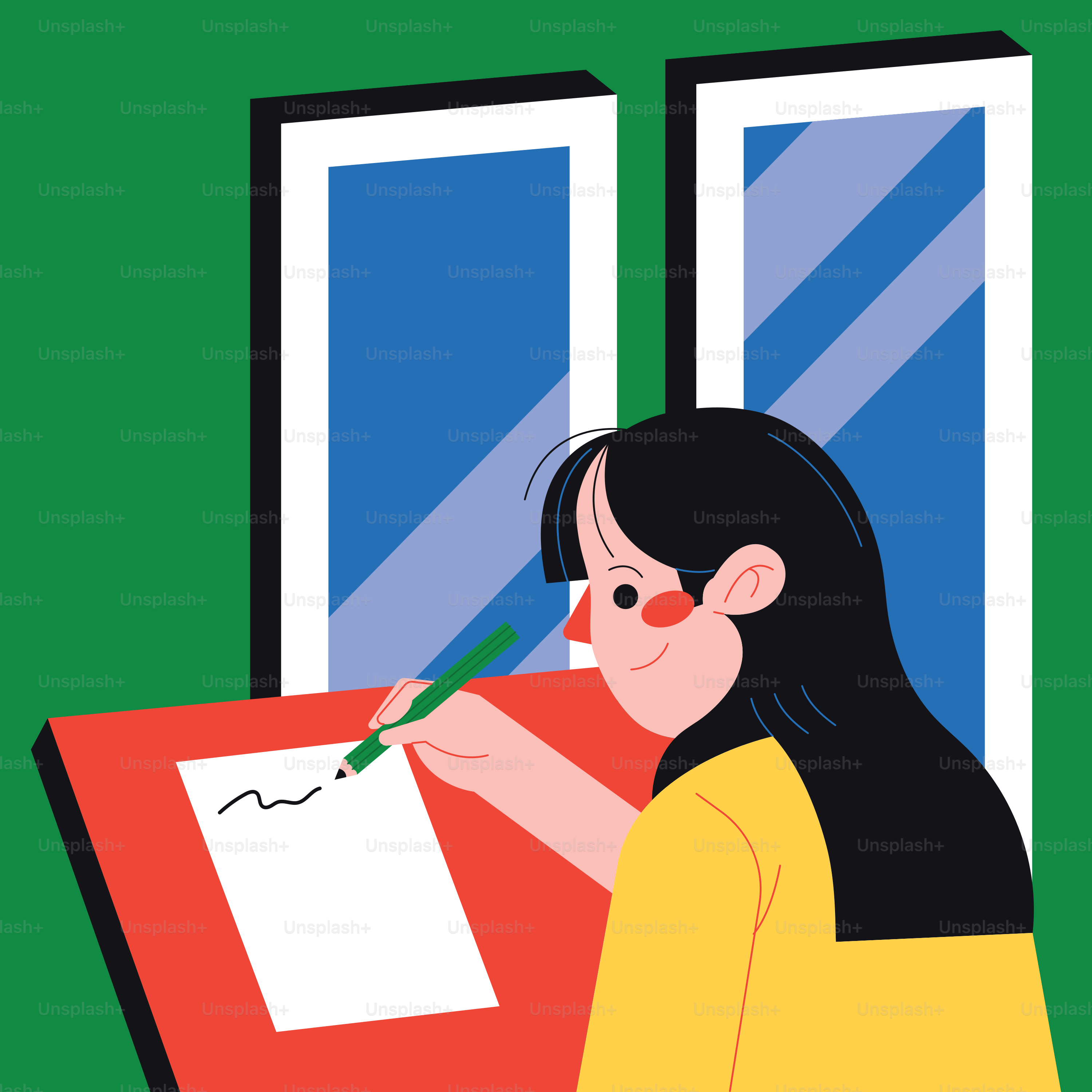 A woman writing on a piece of paper in front of a window