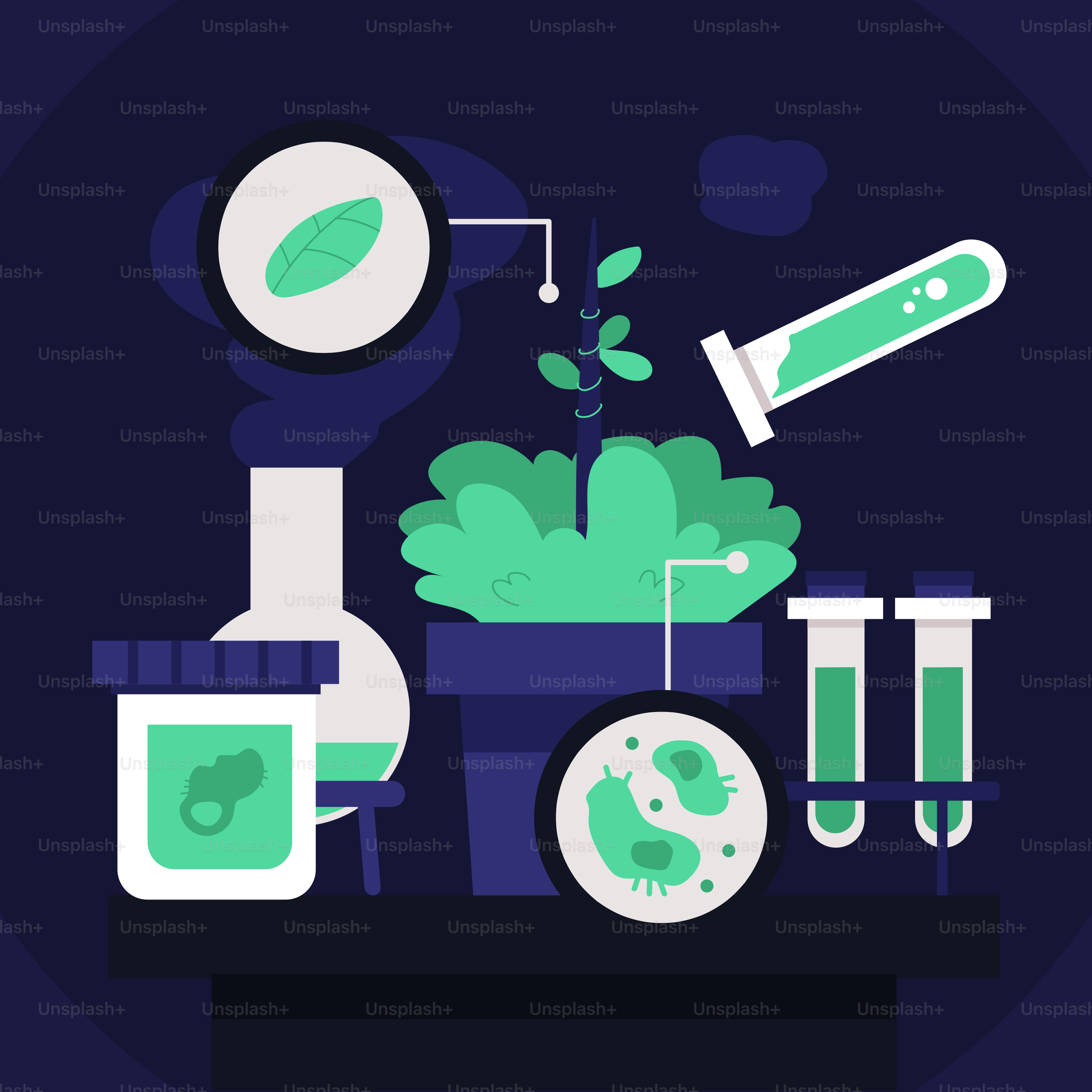 A plant in a pot with a microscope and test tubes