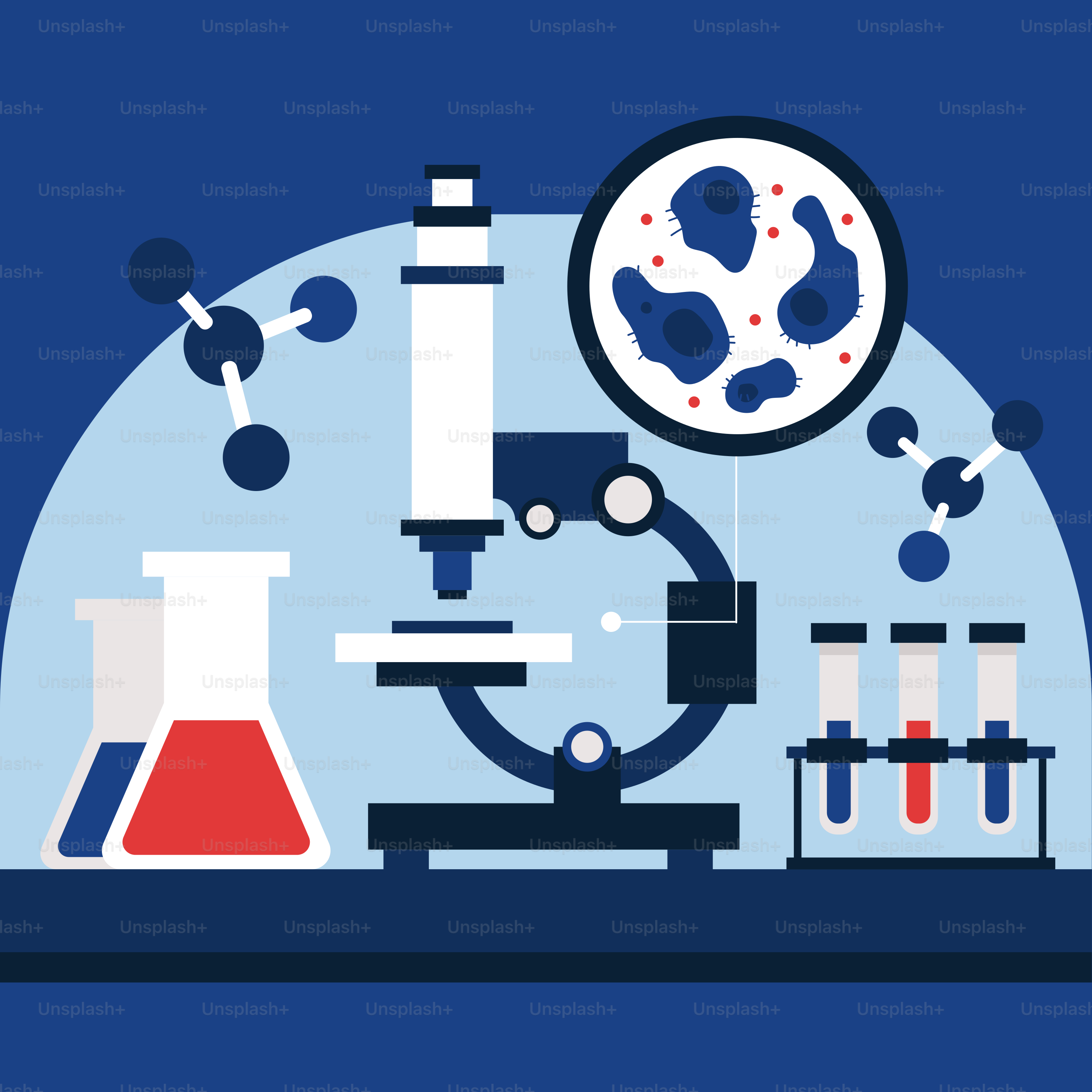 A blue background with a microscope, test tubes, and a clock