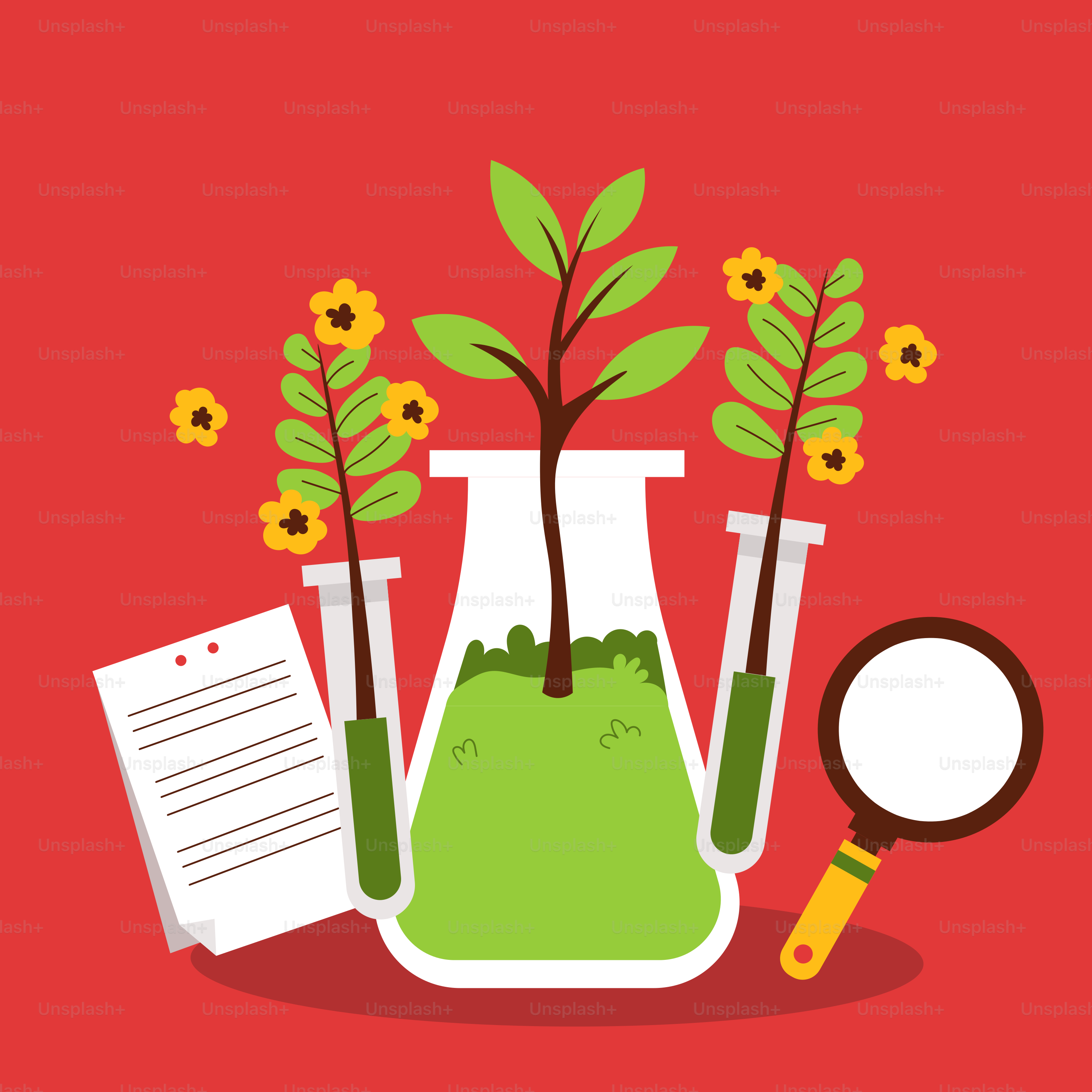 Uma planta em um tubo de ensaio com uma lupa