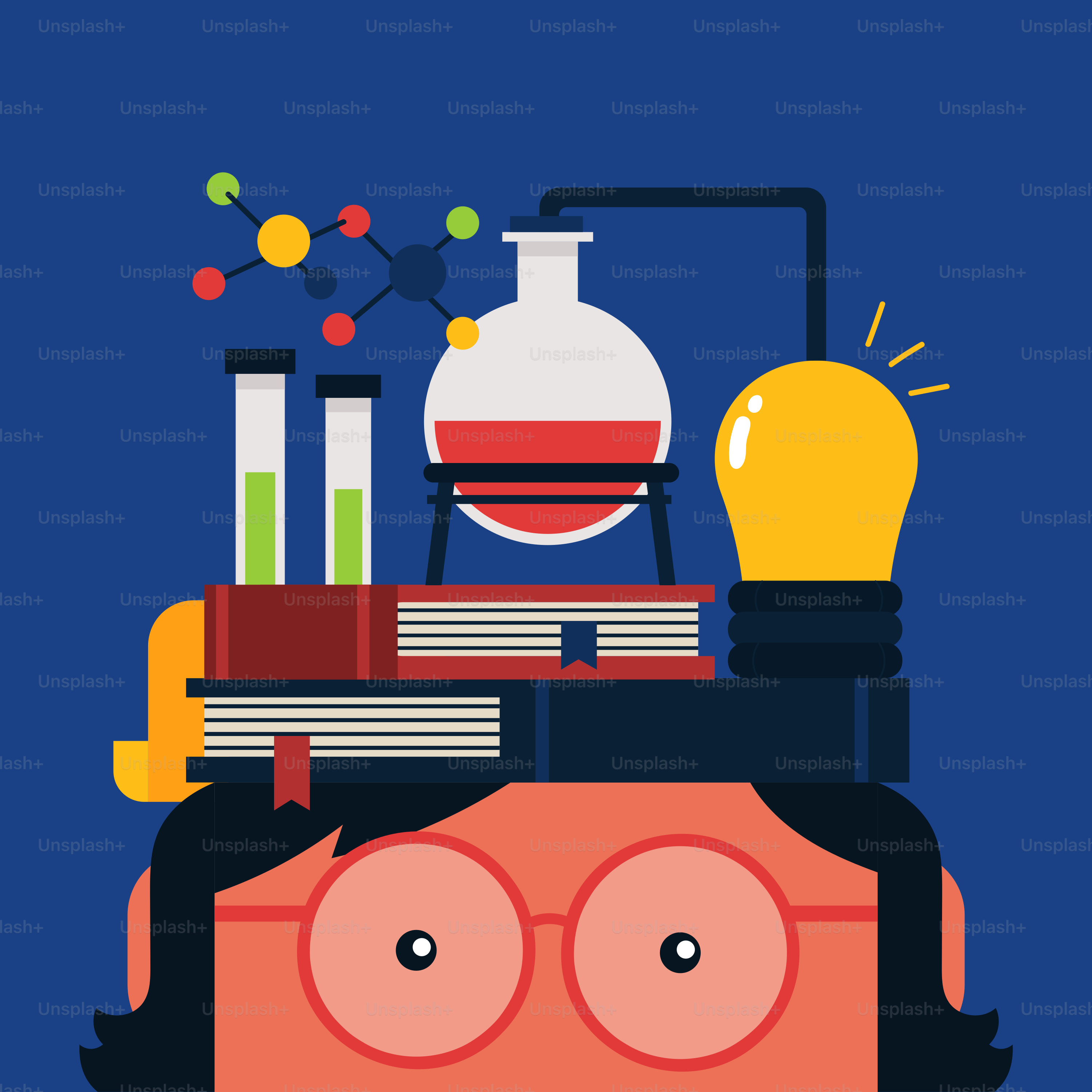 A man's head with a lot of books on top of it