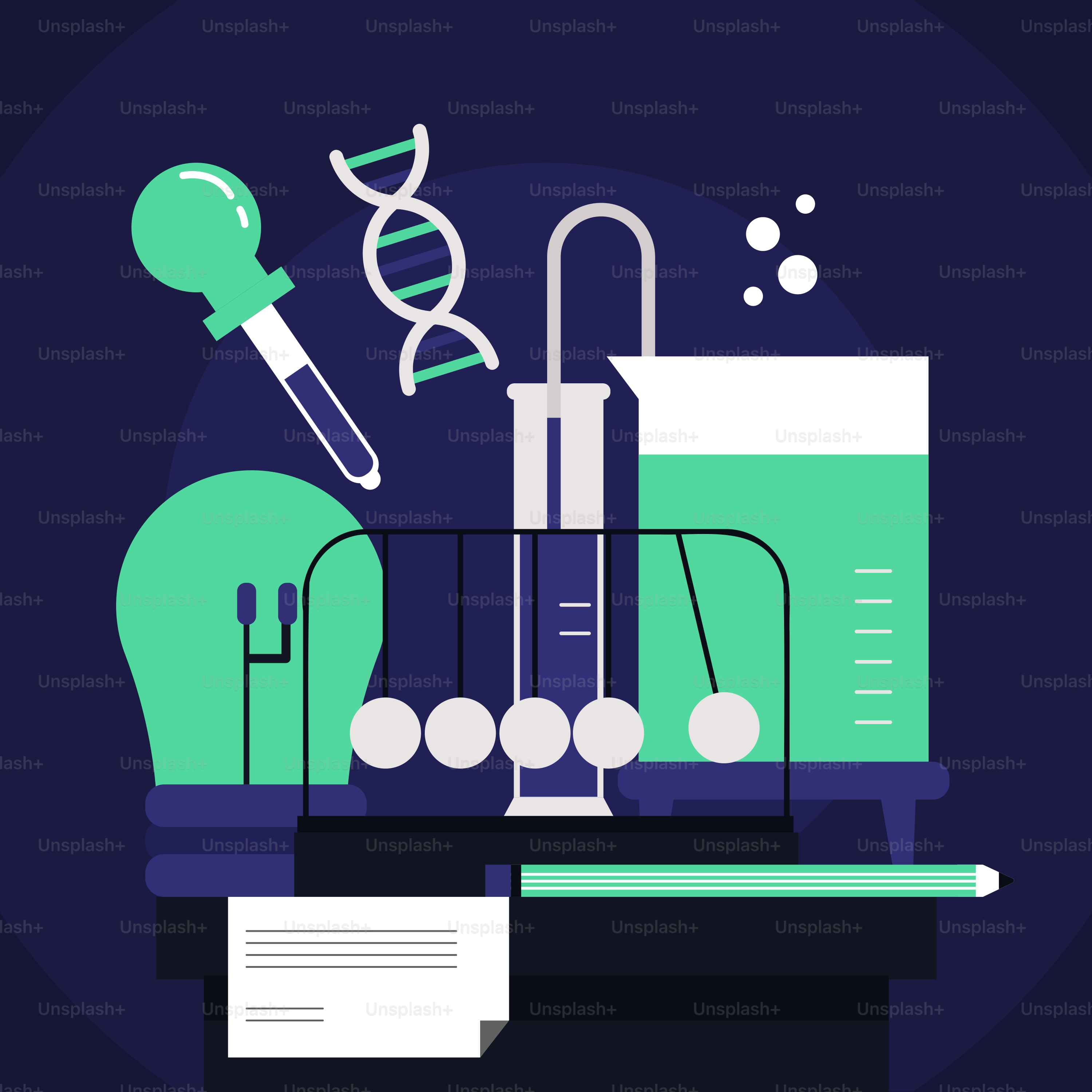 A microscope, a test tube, and a paper on a table