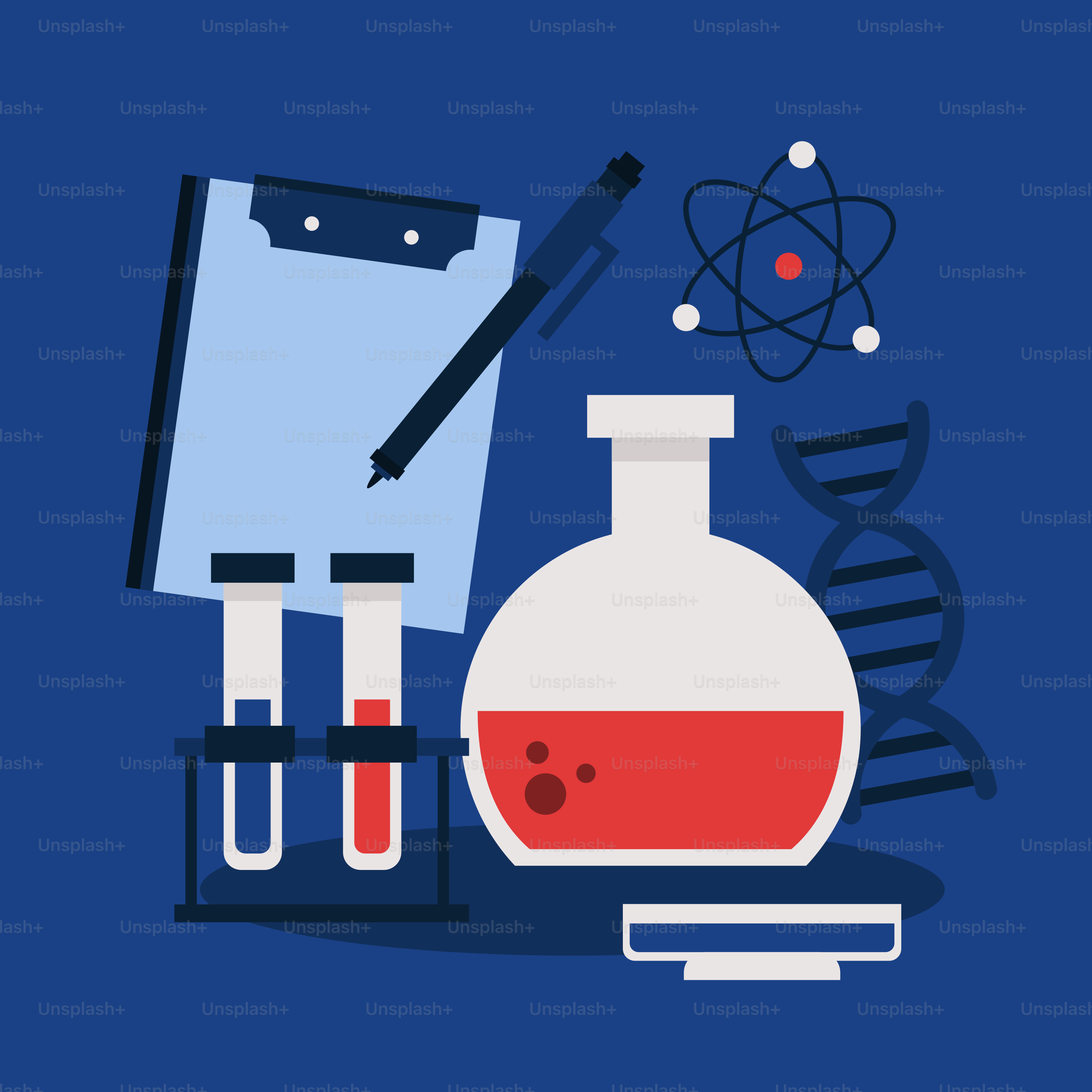 A blue background with a flask of red liquid