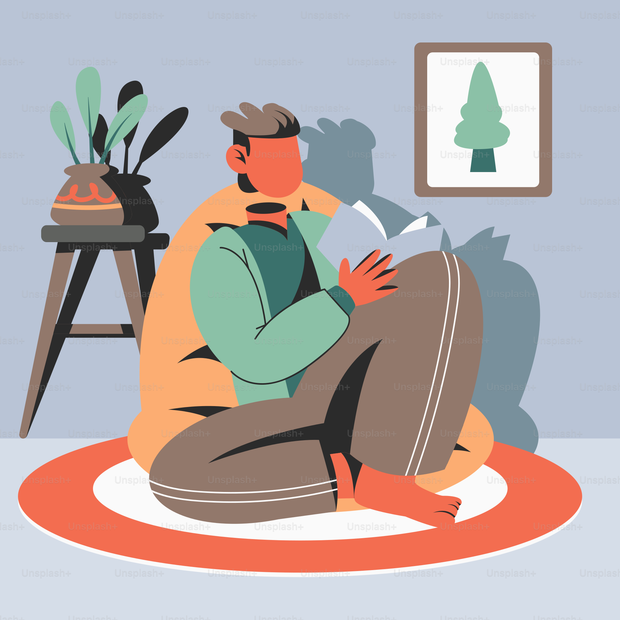 A man sitting on the floor in front of a potted plant