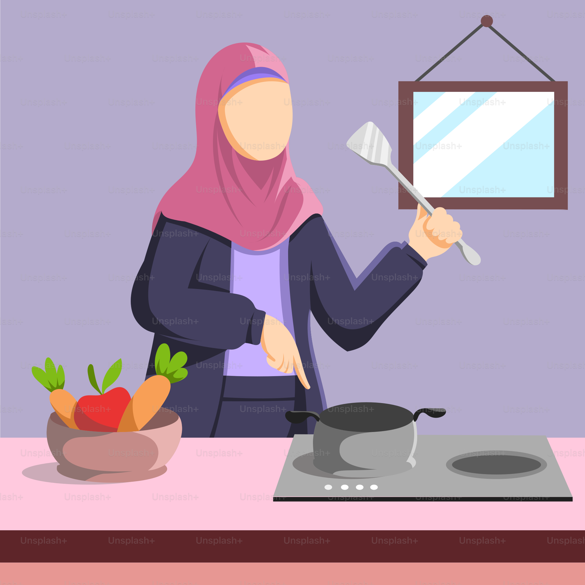 A woman in a hijab is cooking on the stove