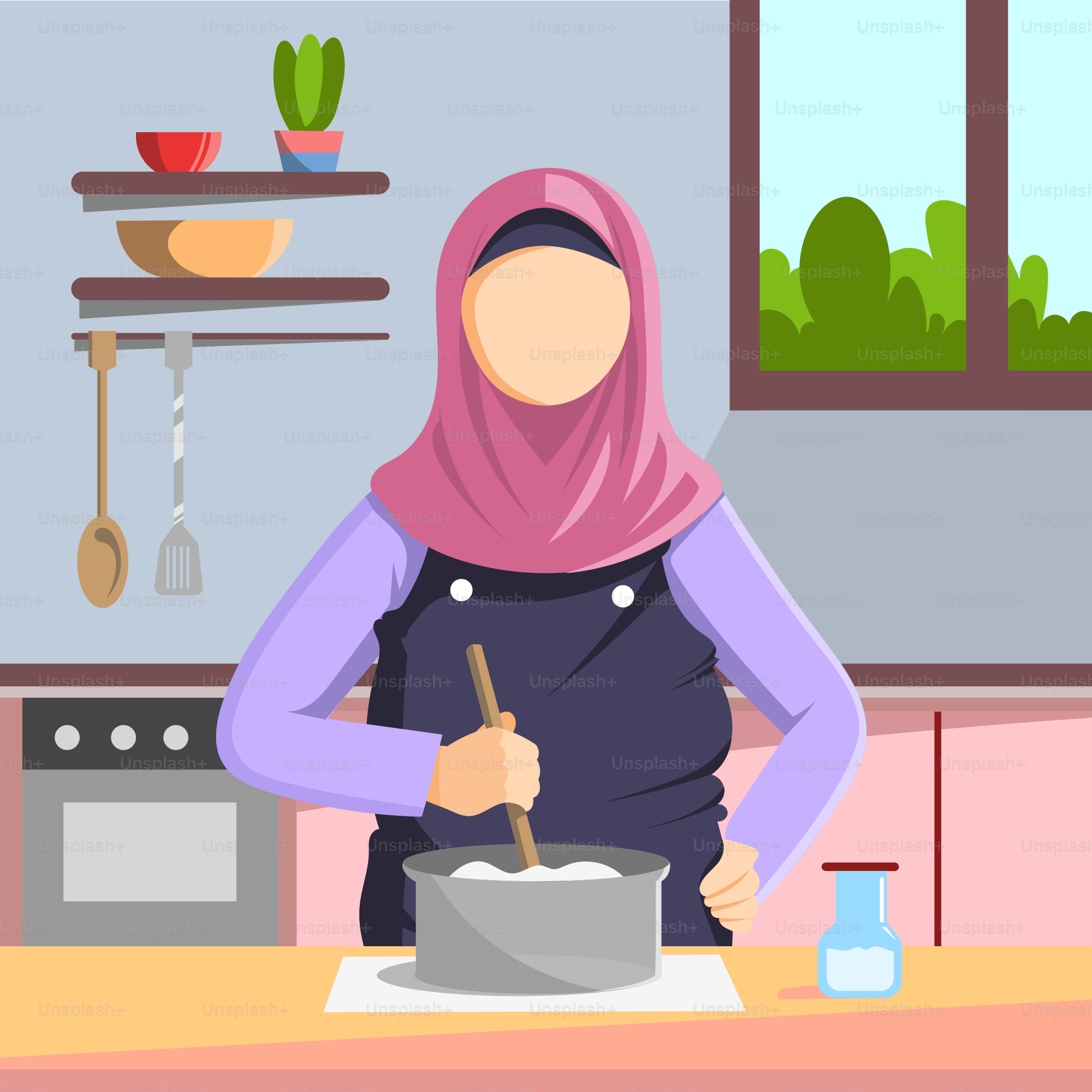 A woman in a hijab is cooking in a kitchen
