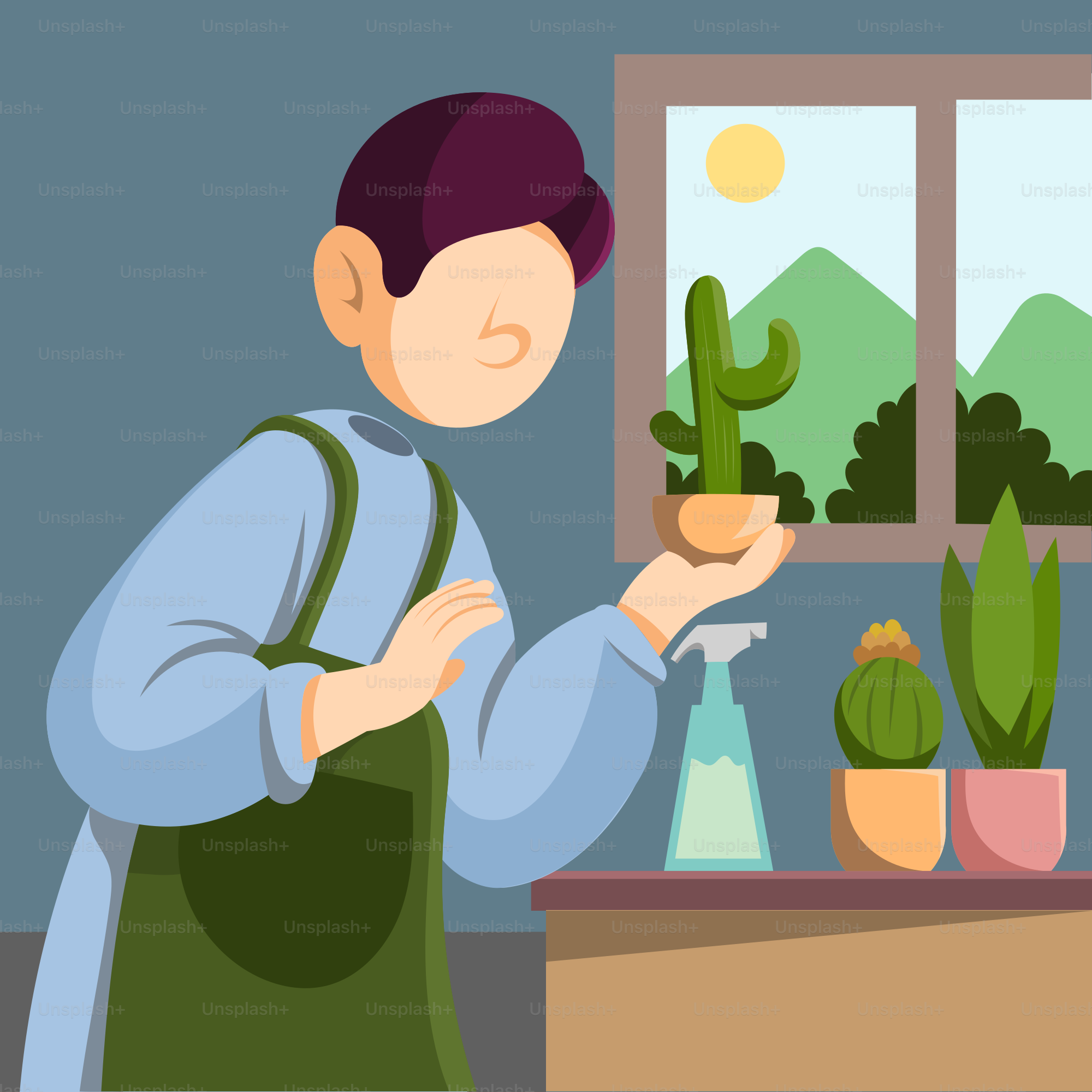 A man holding a potted plant in front of a window