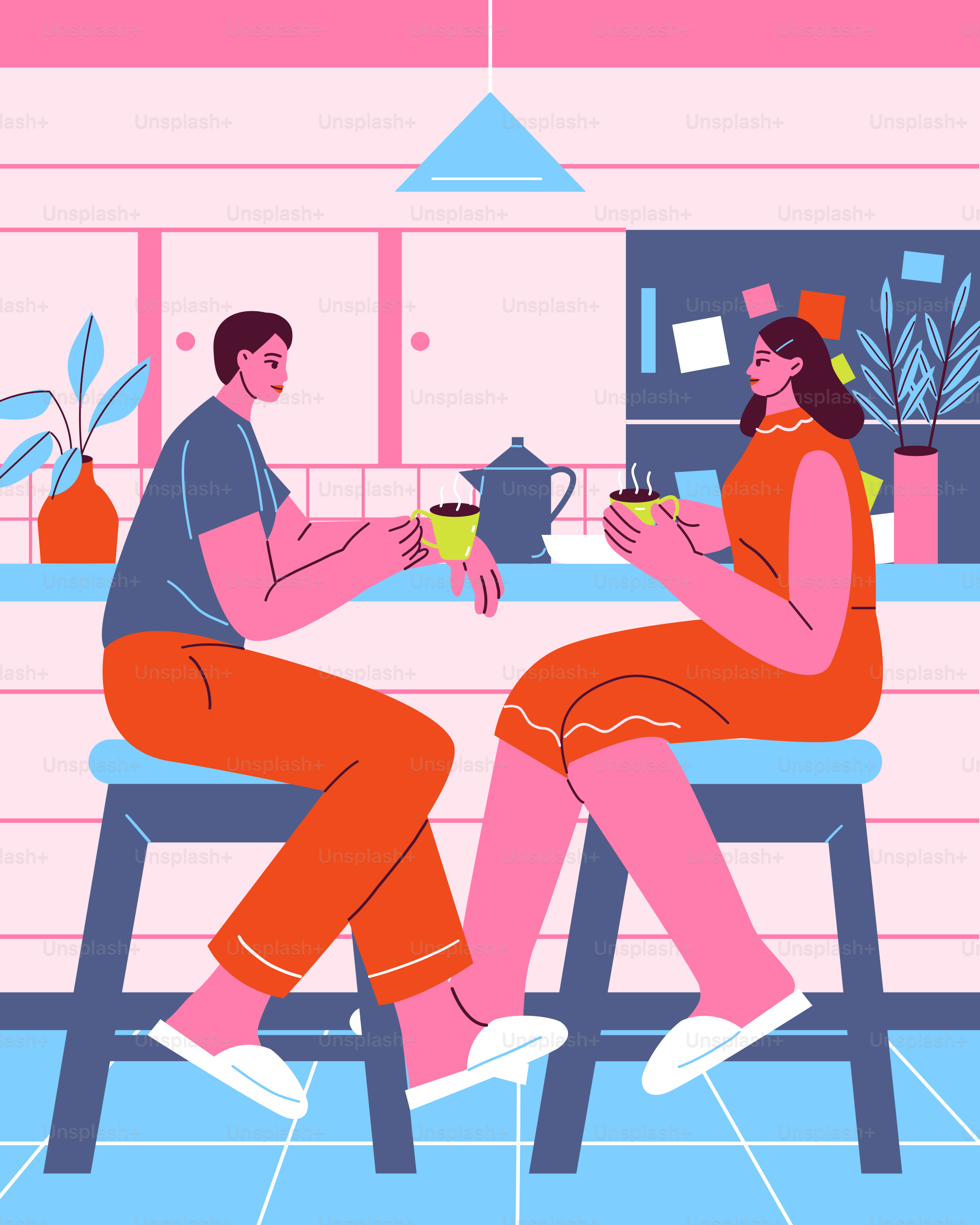 Un hombre y una mujer sentados en una mesa de cocina