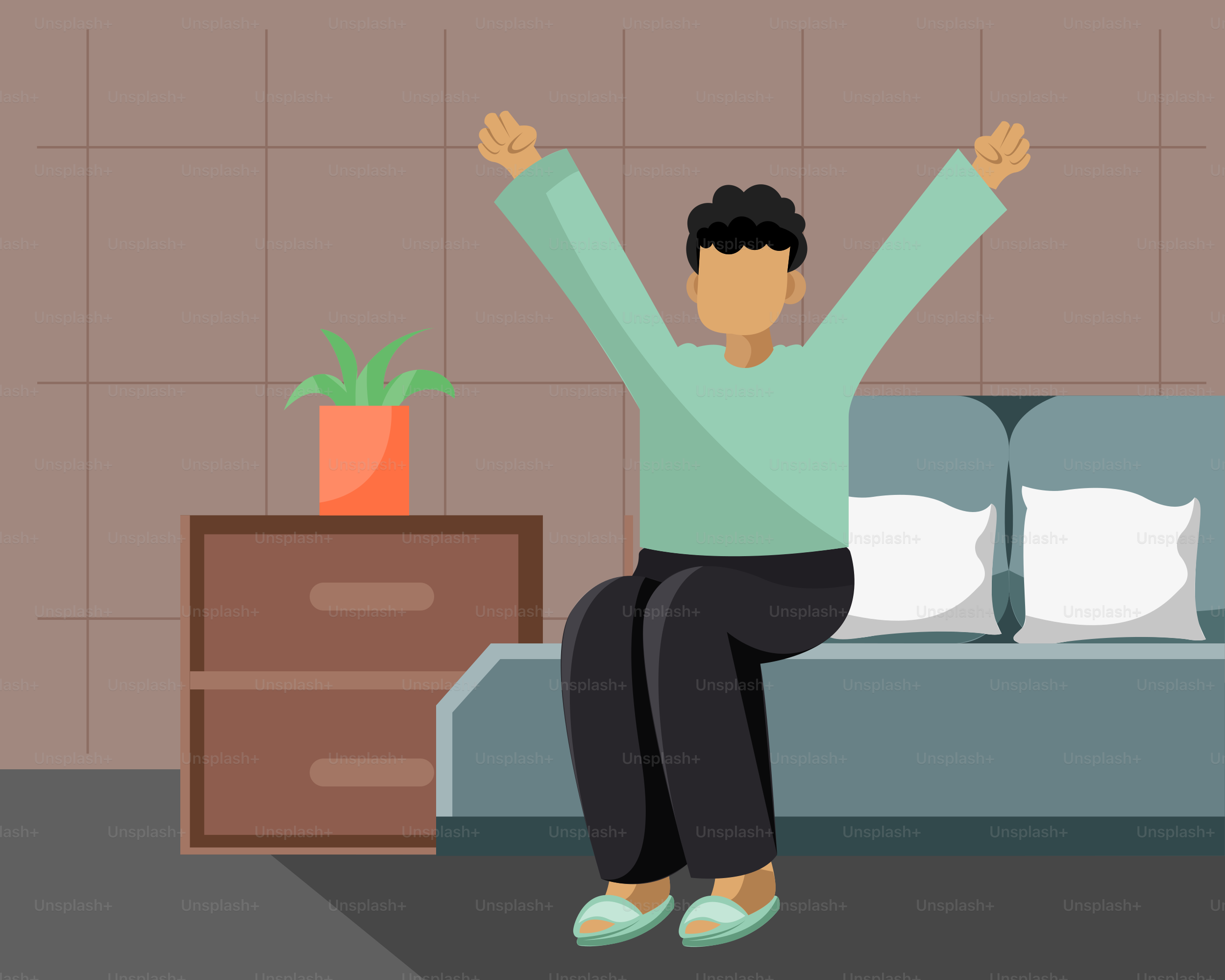 A man sitting on a couch with his arms in the air