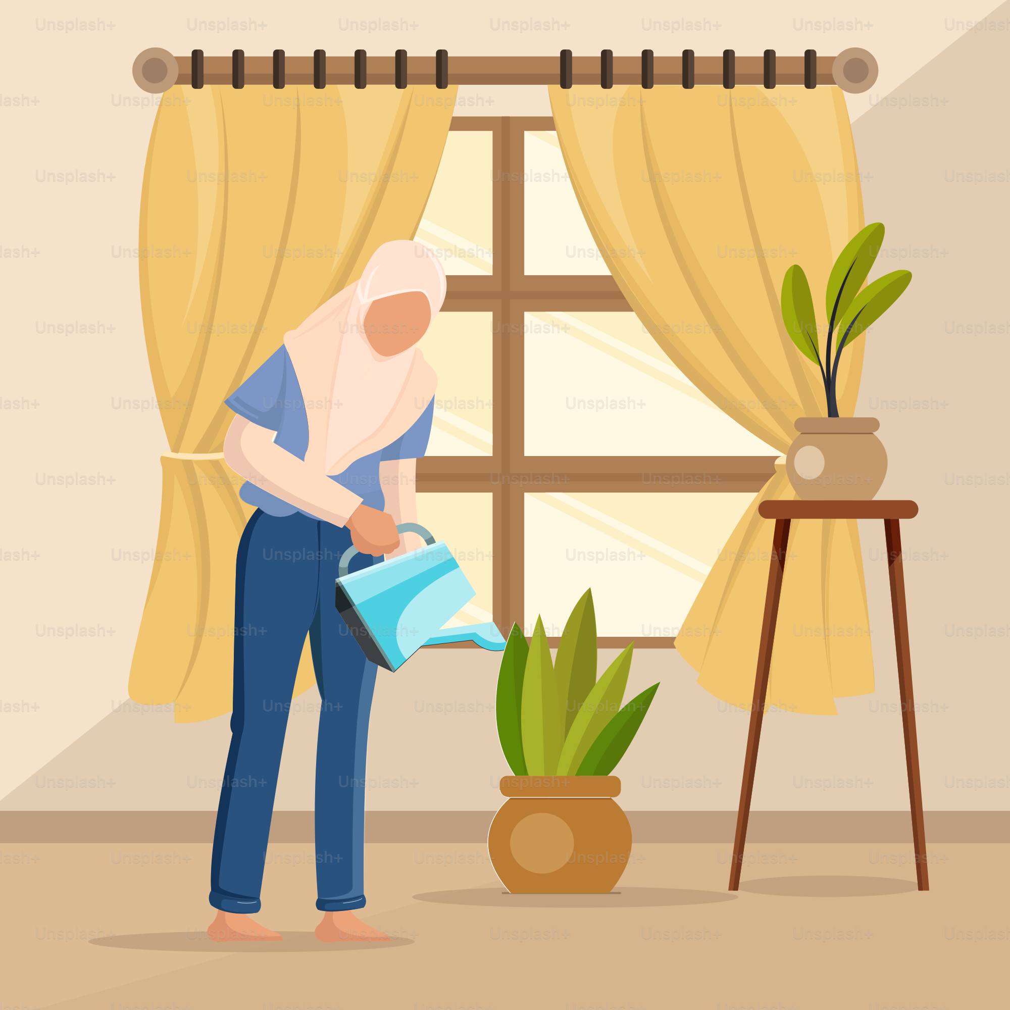 A woman watering a window with a watering can