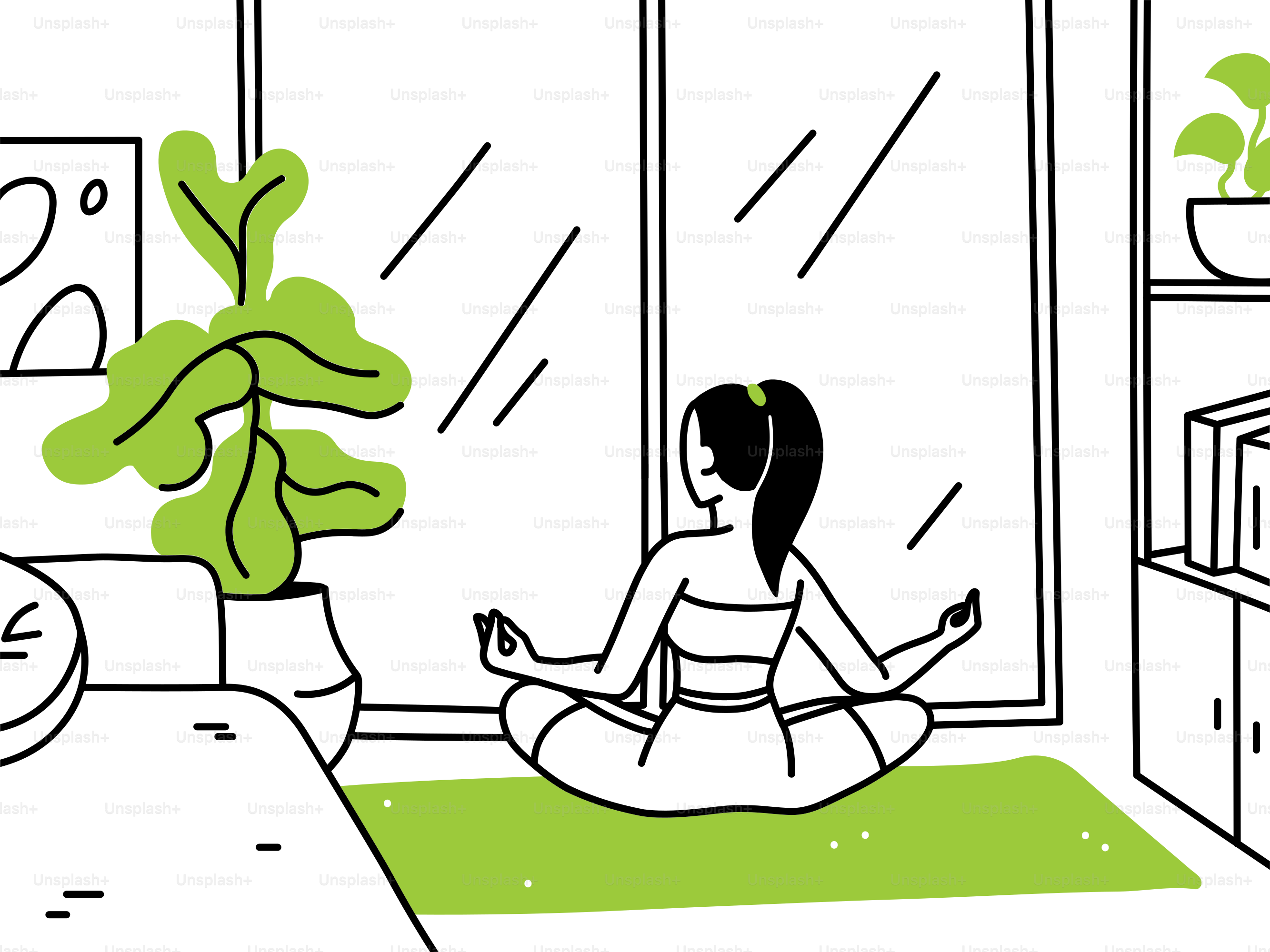 Una donna seduta in una posizione yoga davanti a una finestra