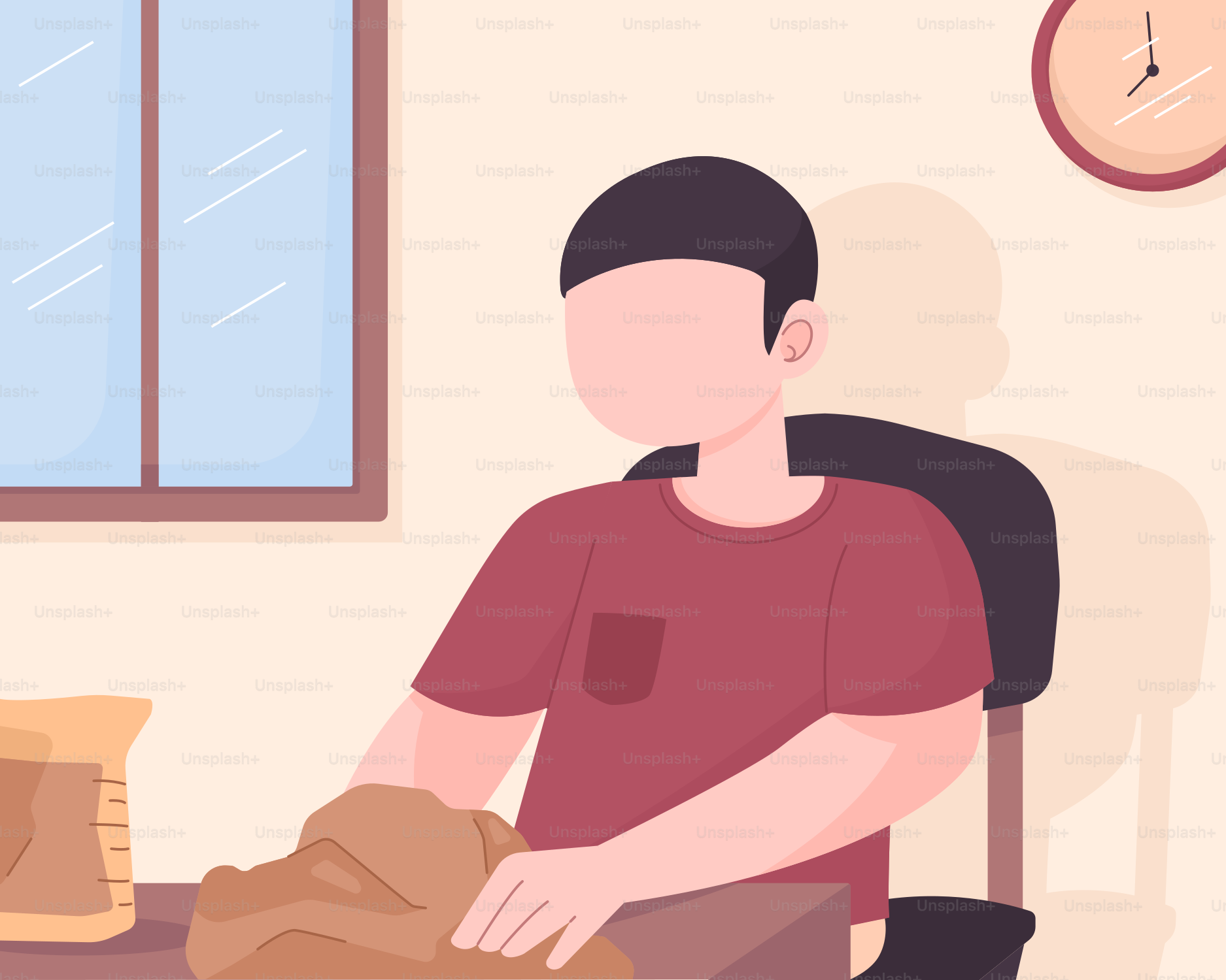 A man sitting at a desk with a bag of bread